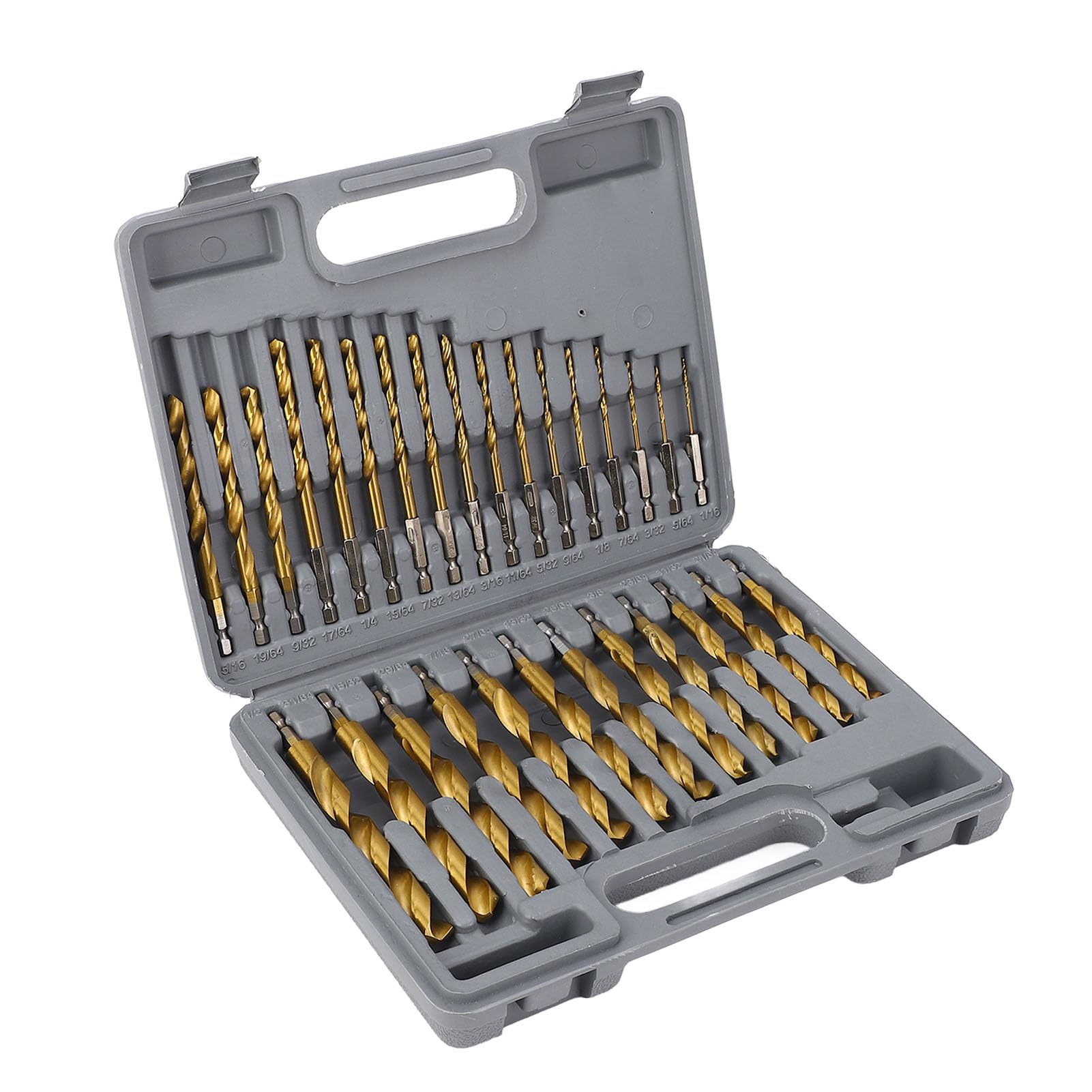 Set di Punte per Trapano a Percussione, 29 Punte Elicoidali in Titanio HSS, Codolo Esagonale da 1/4 di Pollice, da 5/64 a 1/2 di Pollice, con Anelli di Limitazione, Custodia per Legno