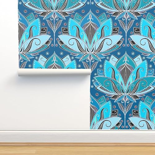 Miniatura 4 de Muestra de papel tapiz extraíble - Art Deco Lotus Teal Turquoise Negro Nouveau Retro Tea Geométrico Azul Aqua Papel pintado personalizado pre-pegado