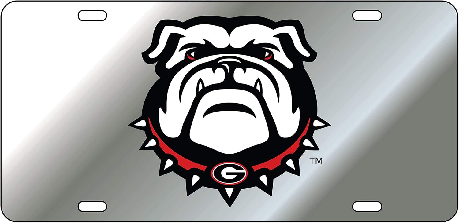 Georgia Bulldogs New Bulldog Logo Mirror Laser License Plate Tag - Silver Background