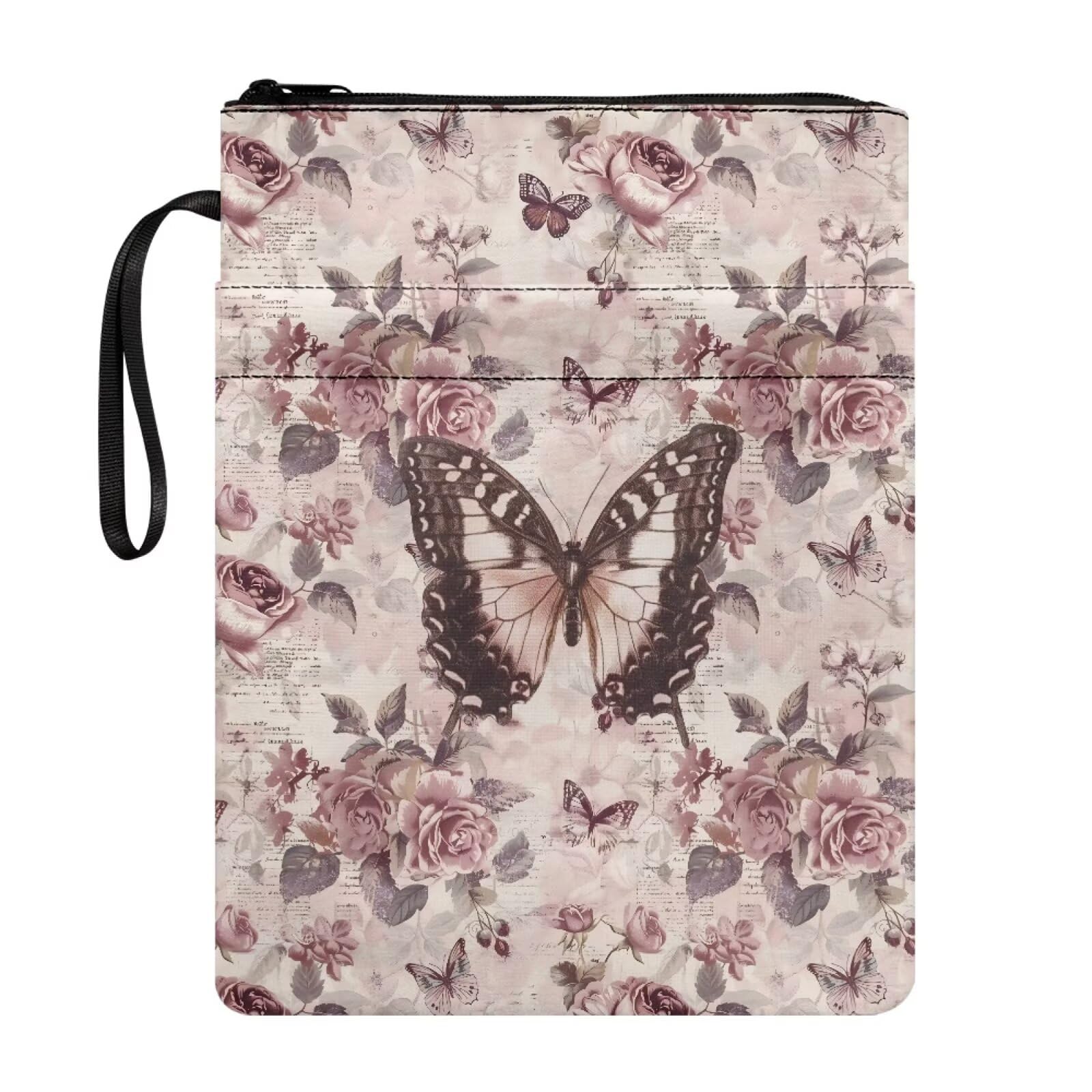 Poceacles Book Sleeve for Paperbacks Book Pouch Protector with Pockets and Zipper, Hardcover Textbook Storage Bag for Adults Teens Girls Boys, Retro Butterfly Letter Print Pink Grey — image 1
