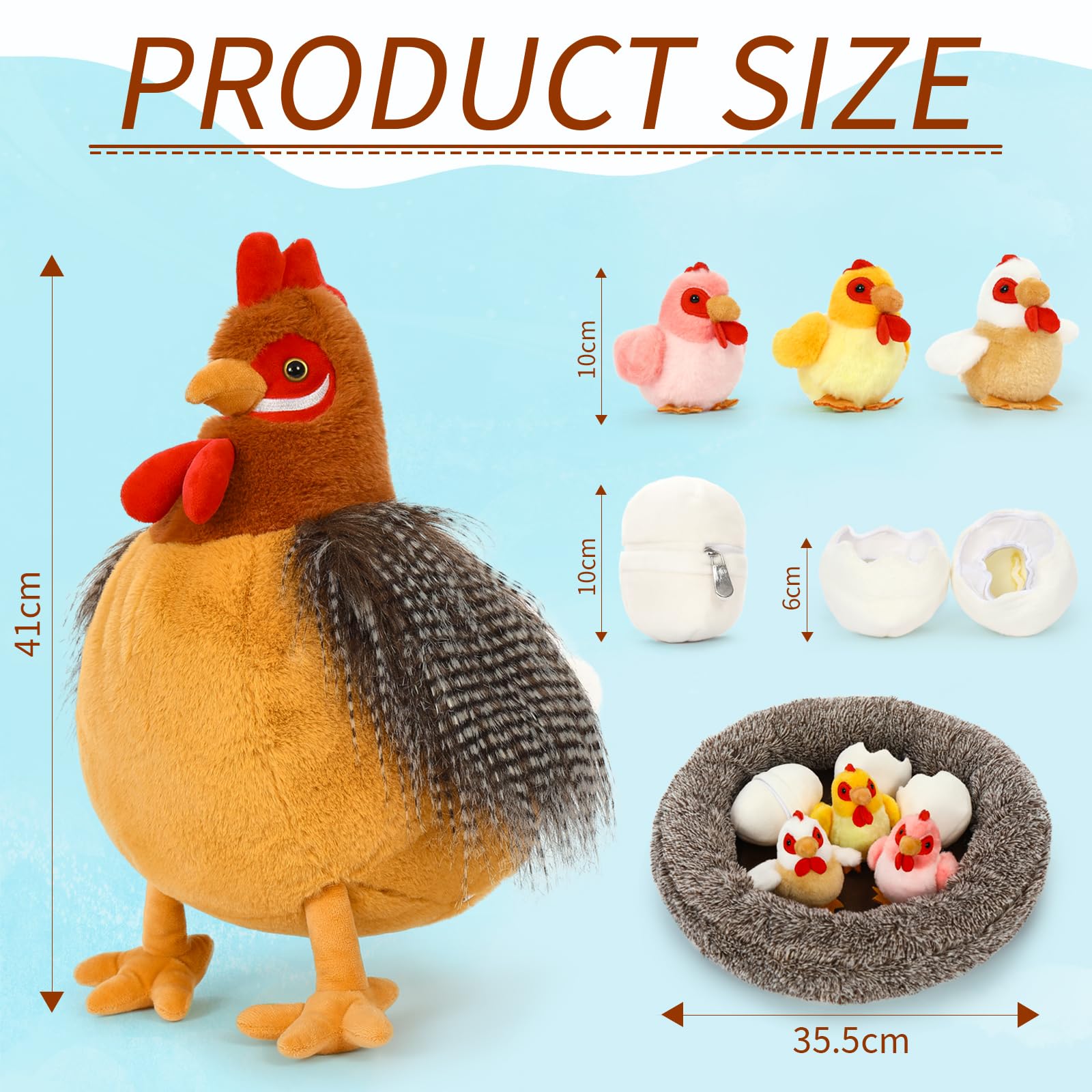 MorisMos Poule en Peluche avec 3 Poussins 35cm, Peluche Poule Maman et Bébés, Jouet en Peluche Douce, Animaux de la Ferme en Peluche, Cadeau Enfant, Cadeau Naissance, Décoration Chambre