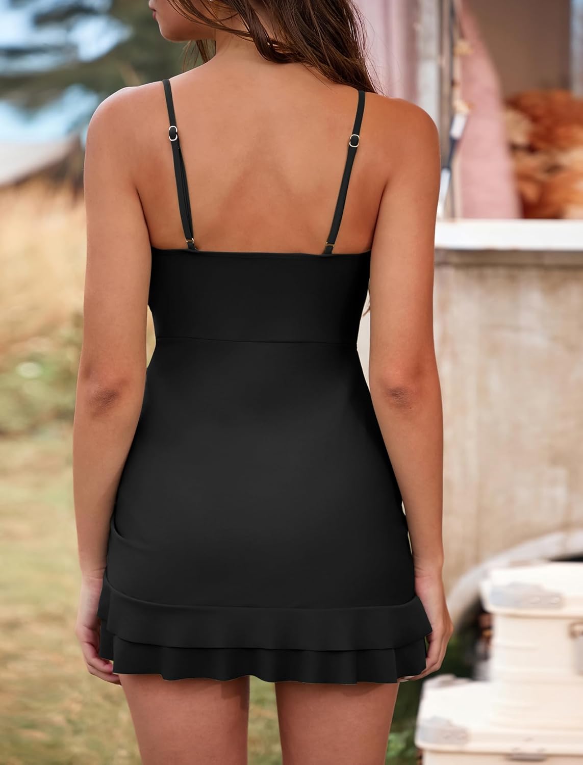 ZAFUL Womens One Piece Swimsuit Modest Tummy Control Bathing Suit Ruffle Swim Dress V Neck Drastring Swimwear - Image 3