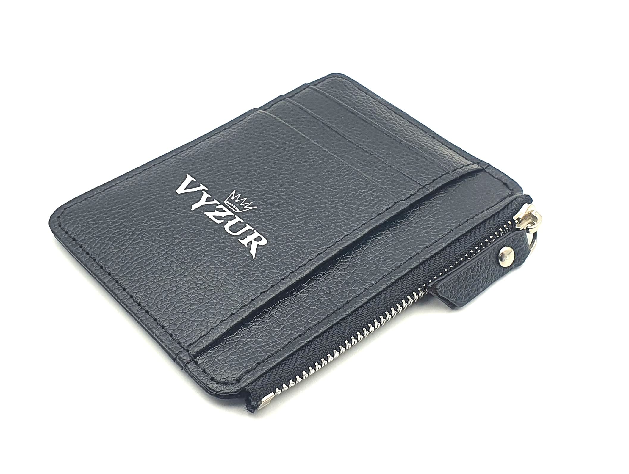 VYZUR MMXXIVyzur Mens Ultra Slim PU Leather Wallet with 4 RFID Blocking Sleeves, Zipper for Coins & Notes with 8 Credit Card Slots (Black) (Deluxe Plus)