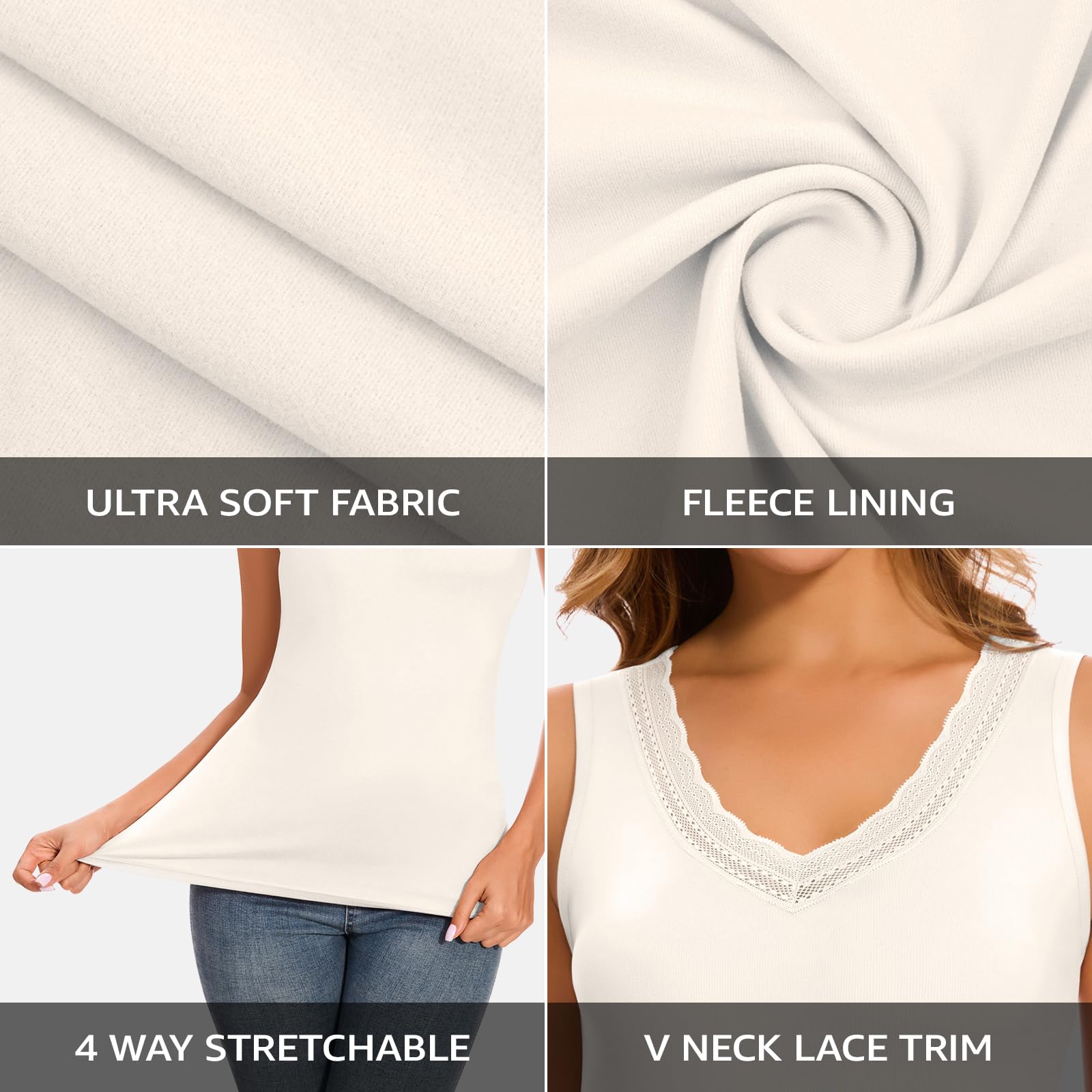 WOWENY Débardeur Thermique pour Femme Camisole avec Maillot de Corps en Dentelle Cami Chaud Col en V Polaire Haut sans Manches en Dentelle élégante