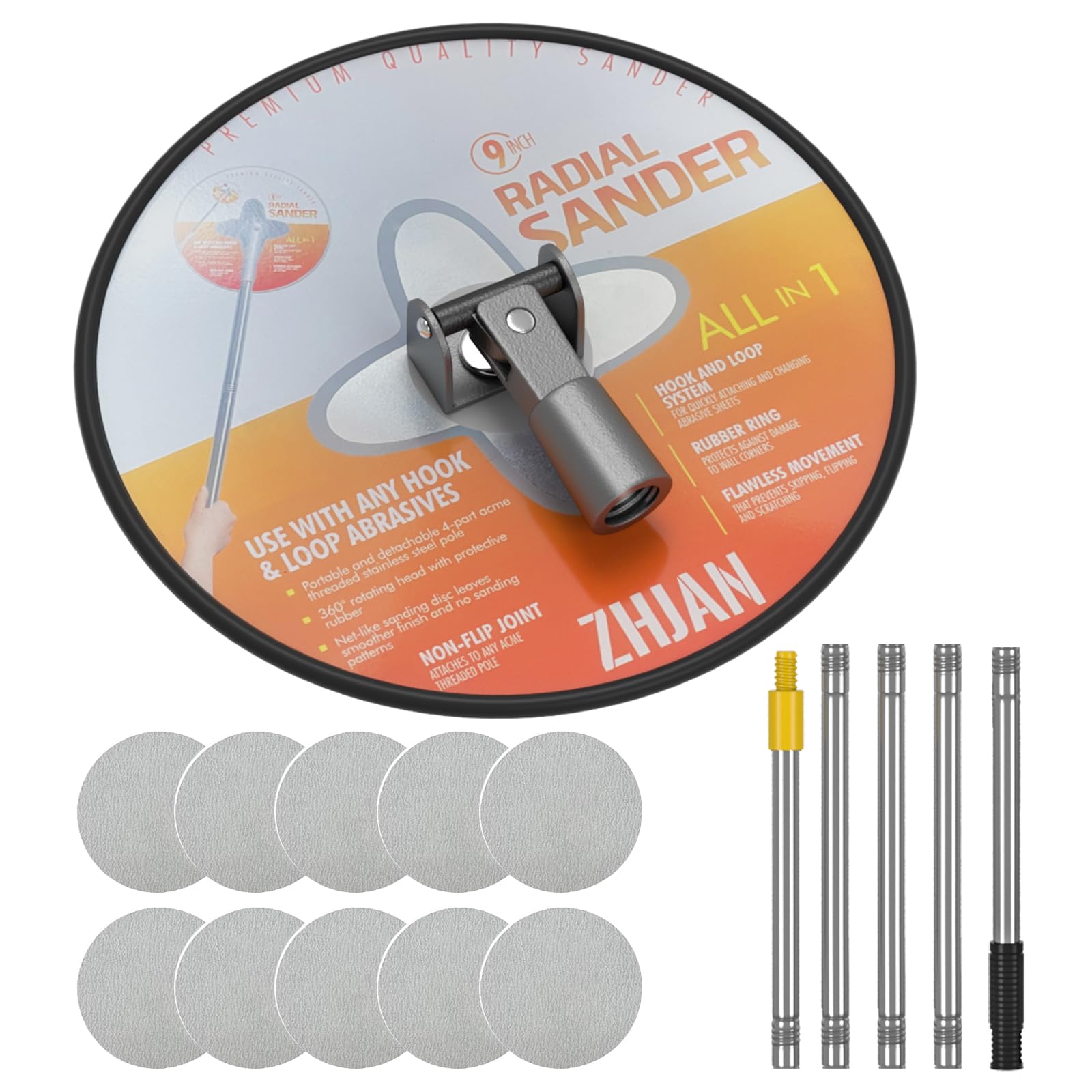 Ponceuse à Plâtre, ponceuse à tête ronde radiale pivotant à 360° avec perche d'extension et 10 feuilles abrasives (grains 80/100/120/180/240), outil de ponçage pour murs et plafonds peints