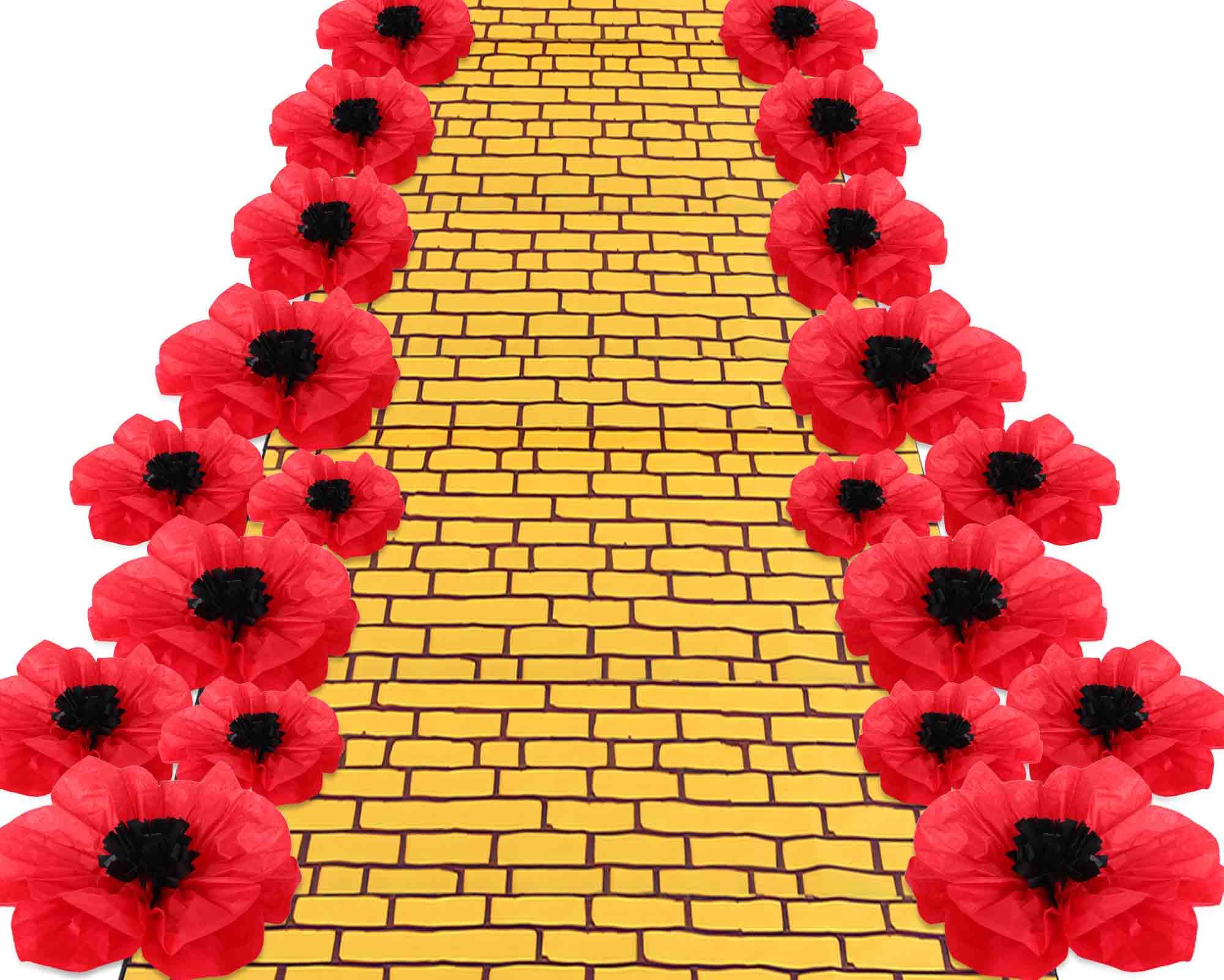 Camino de ladrillo amarillo para fiestas temáticas y fondo de pared fotográfico con amapolas