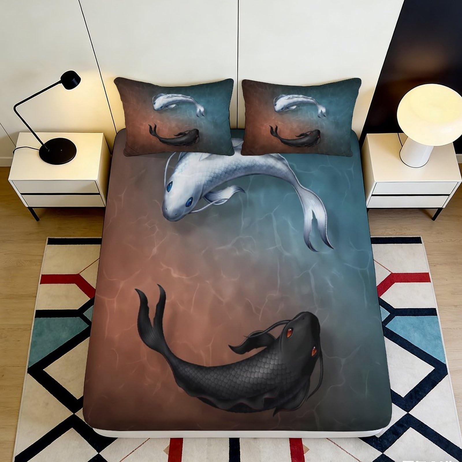 3D Printed Yin Yang Koi Fitted Sheet Microfiber Soft Breathable Black White Fish Mattress Cover for Bedroom Dorm Mattress Protection Decor 180x200x25cm