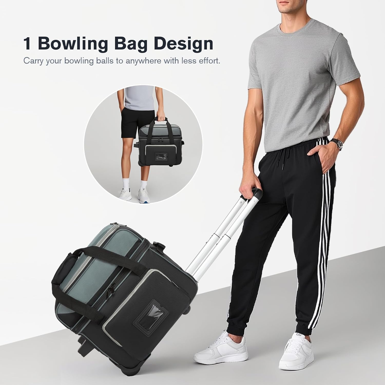 Bowling Ball Bag with Separate Shoe Compartment, Single Roller Bowling Bag with Wheels and Retractable Handle Extends to 37.0 Inches, Padded Foam Ball Insert, Gray (1 Ball Bowling)