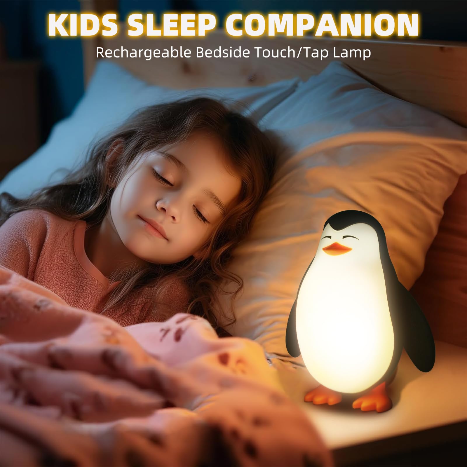 Tcamp LED Penguin Night Light for Kids, 3 Level Dimmable Nursery Nightlight Lamp, Cute Silicone Squishy Lighted Penguin Tap Light, Rechargeable Bedside Touch Lamp for Toddler Baby