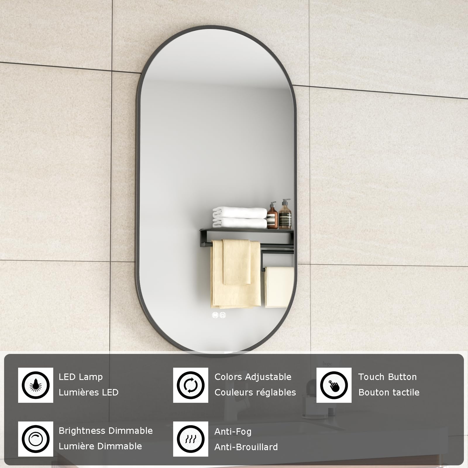 Espejo de baño ovalado de lujo de 50 x 100 cm, con calefacción antivaho, iluminación LED regulable, temperatura ajustable, pantalla táctil (negro mate)