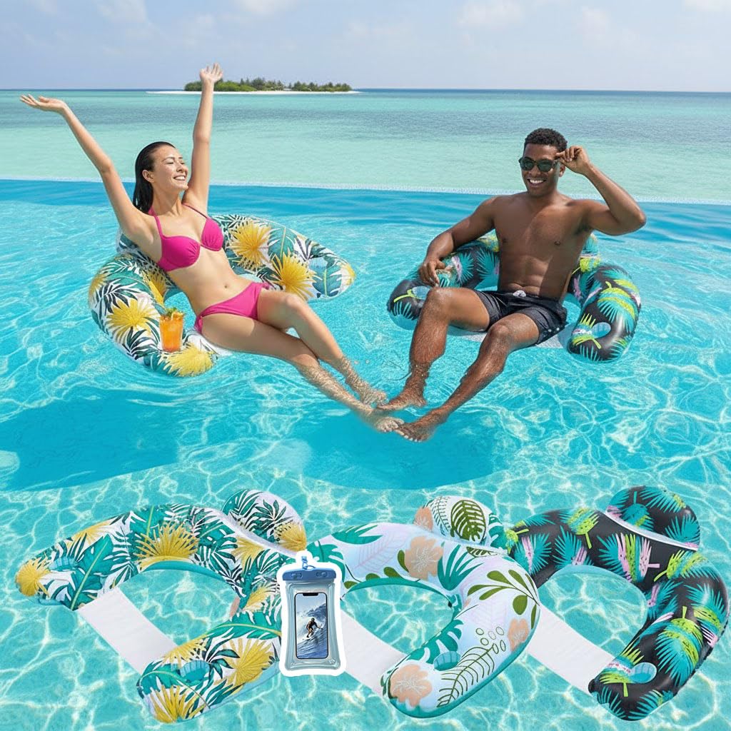 Auspicious Rain 3 Pack Inflatable Pool Floats for Adults with Cup Holders & Headrest - Heavy Duty PVC Lounge Chairs, Summer Pool Party Floats 2025