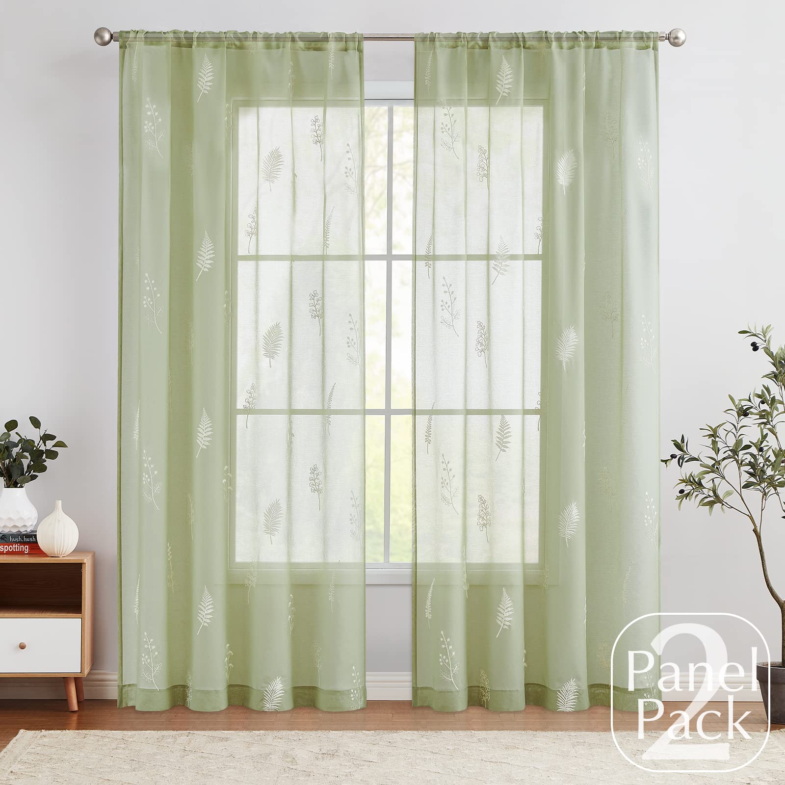 Lazzzy Sage Green Sheer Curtains Leaf Embroidered Pattern Sheer Drapes ...
