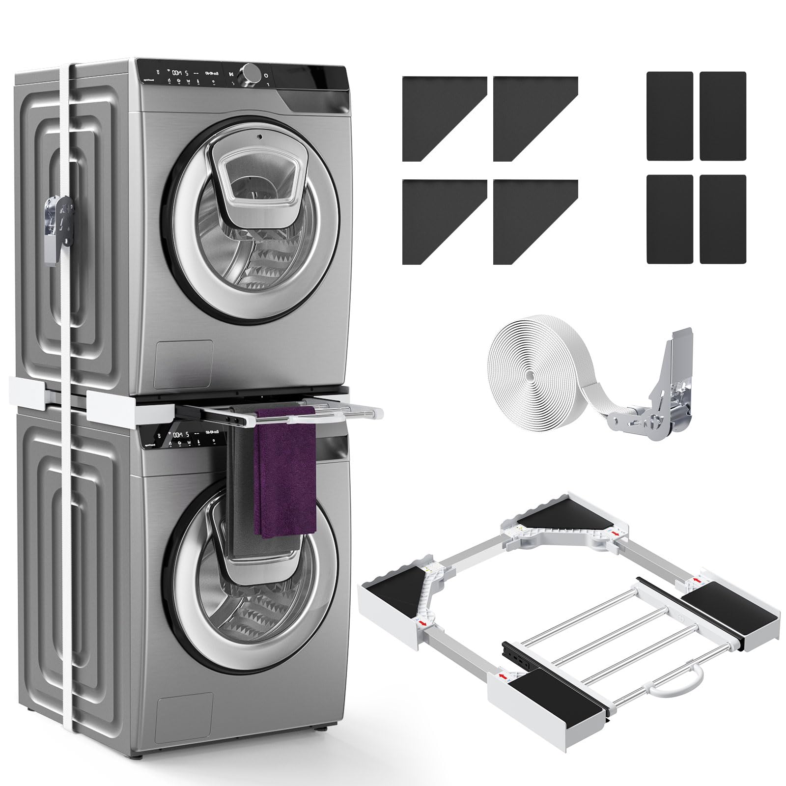 Kit universal de unión para lavadora y secadora con estante deslizante, kit universal de estanterías apiladas con trinquete y marco intermedio ajustable para lavadoras de 46-72 cm