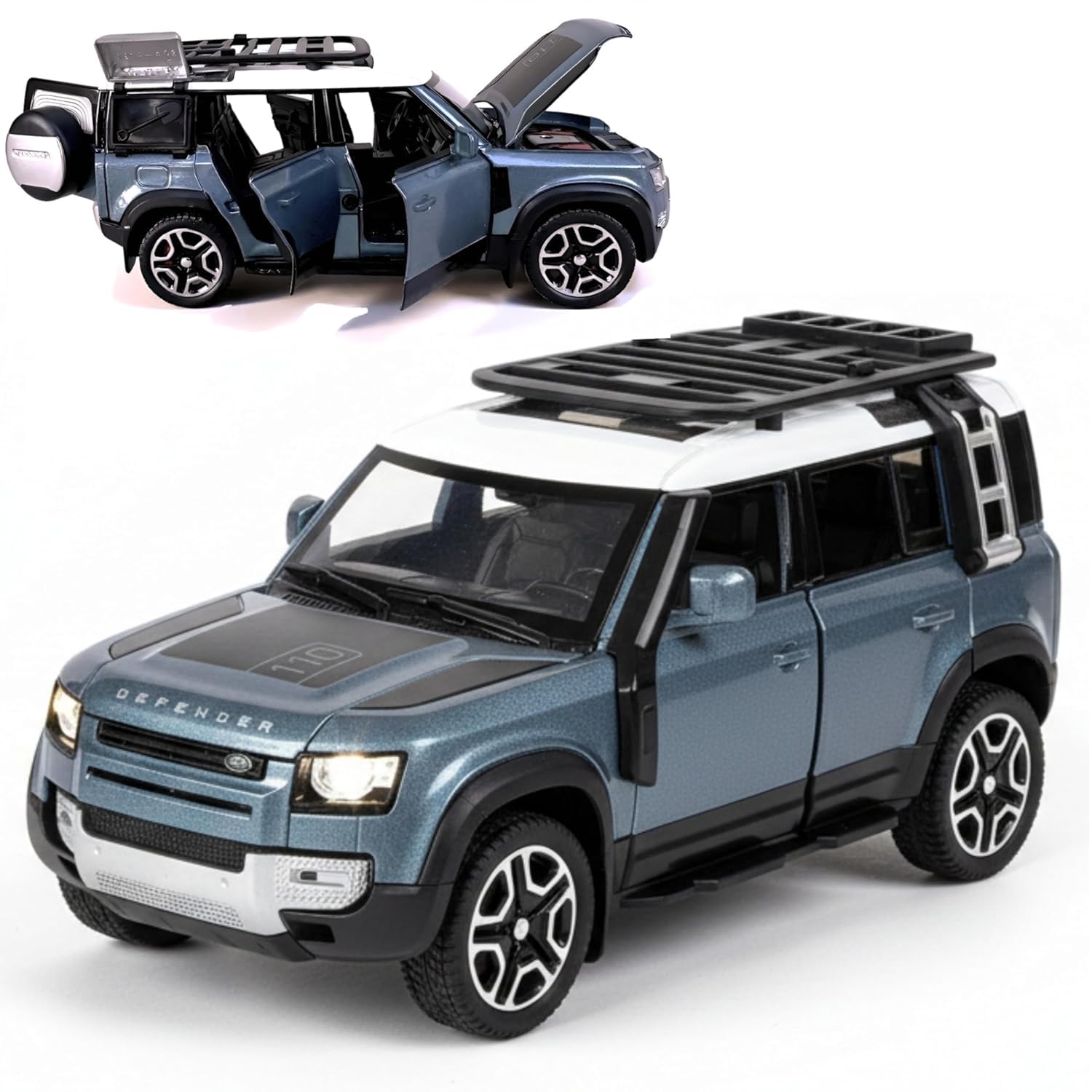 Toy Teller Defender 1:32 Scale Model Car Exclusive Alloy Metal Pull Back Die-cast Car Metal Pullback Toy car with Openable Doors & Light Music Best Gifts Toys Kids (Shining Blue)-image-4
