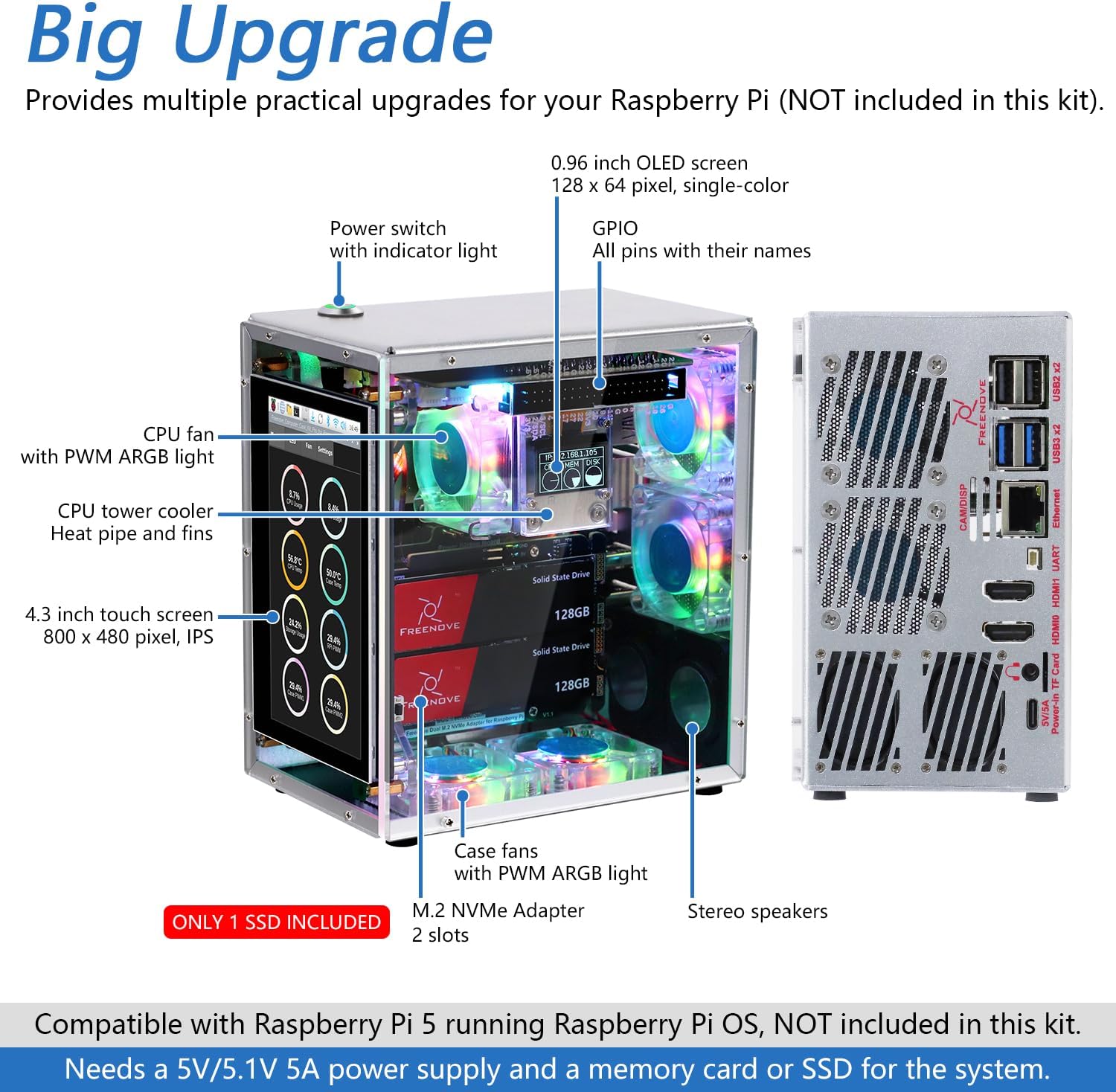 FREENOVE Raspberry Pi 5 Case Kit Pro (with 1x 128GB SSD), Dual M.2 NVMe SSD Slots, 5 PWM ARGB Fans Light Sync, CPU Tower Cooler, 4.3" Touchscreen, Stereo Speakers, 3.5 mm Audio