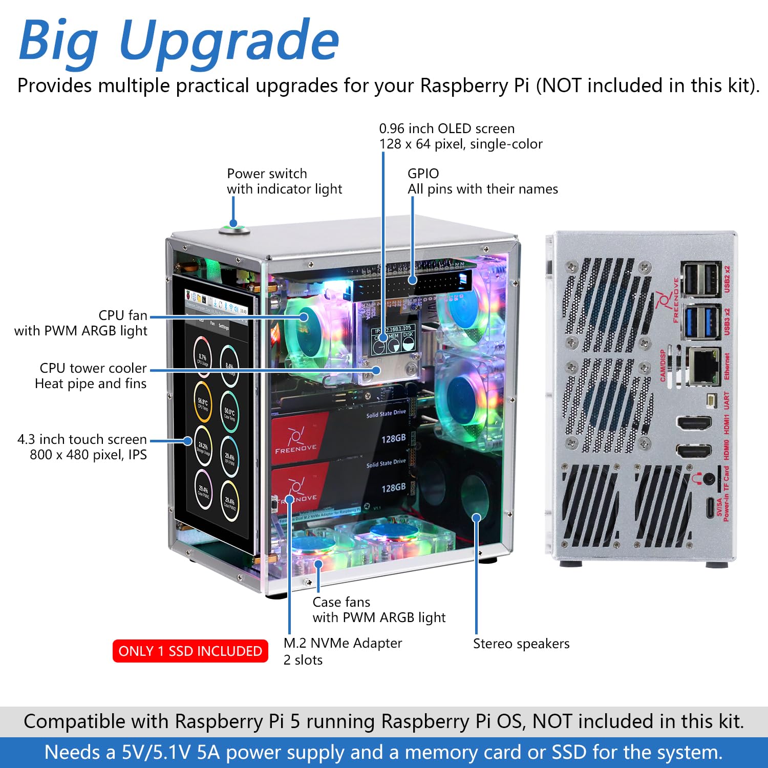 Freenove Raspberry Pi 5 Case Kit Pro (with 1x 128GB SSD), Dual M.2 NVMe SSD Slots, 5 PWM ARGB Fans Light Sync, CPU Tower Cooler, 4.3" Touchscreen, Stereo Speakers, 3.5 mm Audio