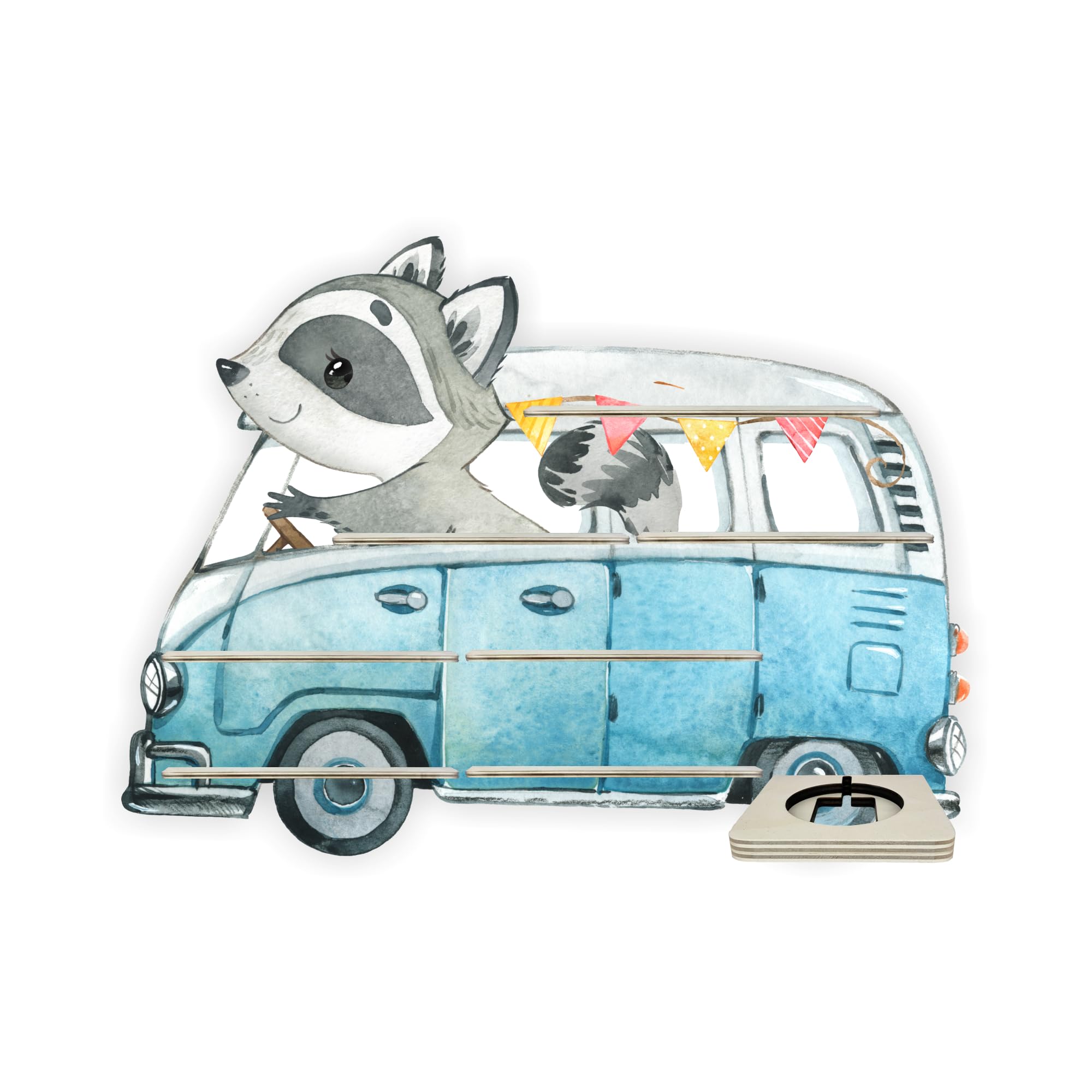 Farbklecks-Collection Musikboxregal Auto Freunde Waschbär Bus, Wandregal für bis zu 45 Hörfiguren, Maße 48 x 66 x 6 cm, mit Ablagefach kompatibel mit Toniebox, handgefertigt in Deutschland