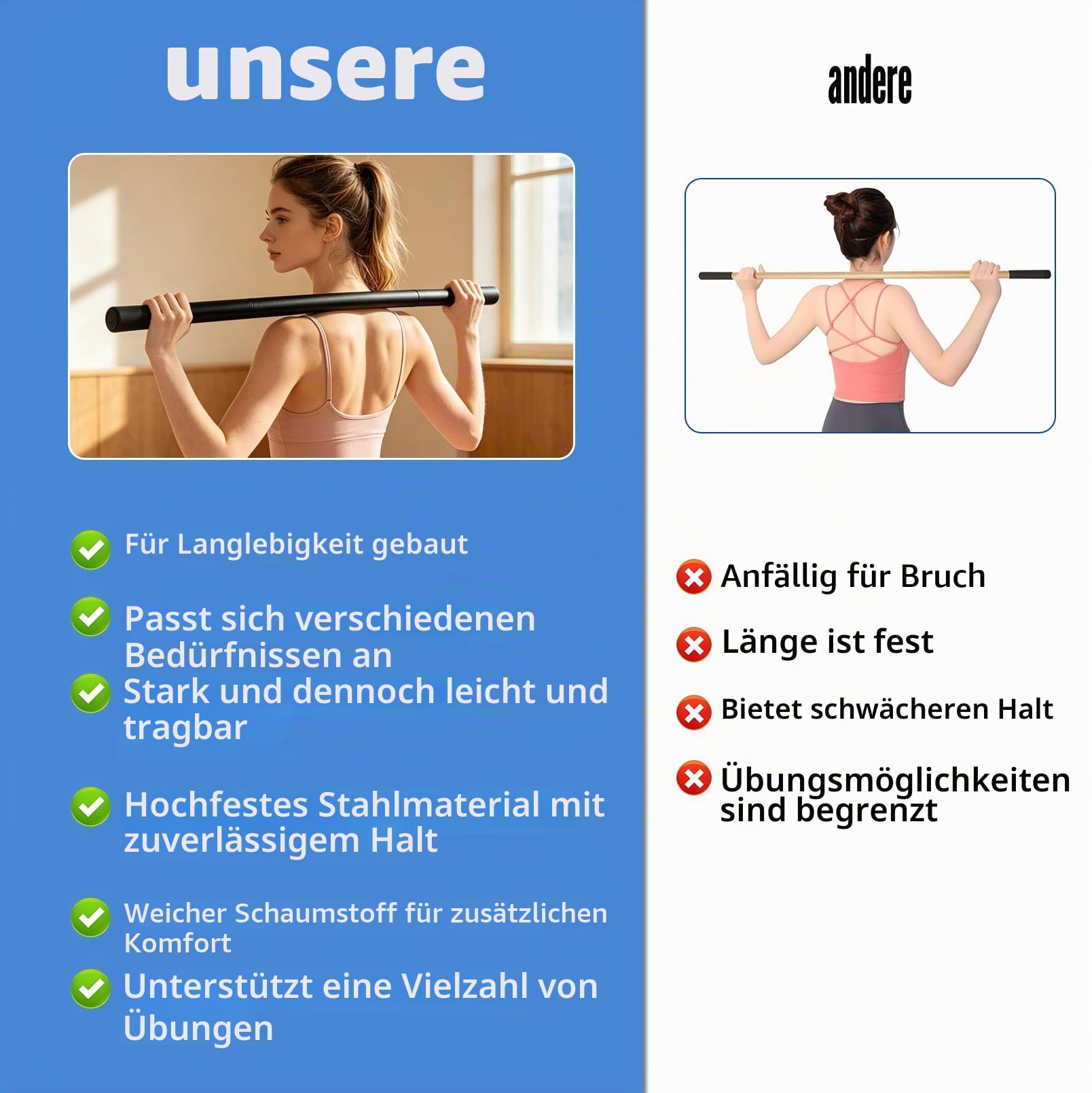 Tragbarer Yoga Stick, 4-teilig Verstellbarer Gymnastikstab mit Schaumstoffgriffen, 30/45/60 Zoll (76/114/152 cm) für Flexibilität, Gleichgewicht & Rückentraining