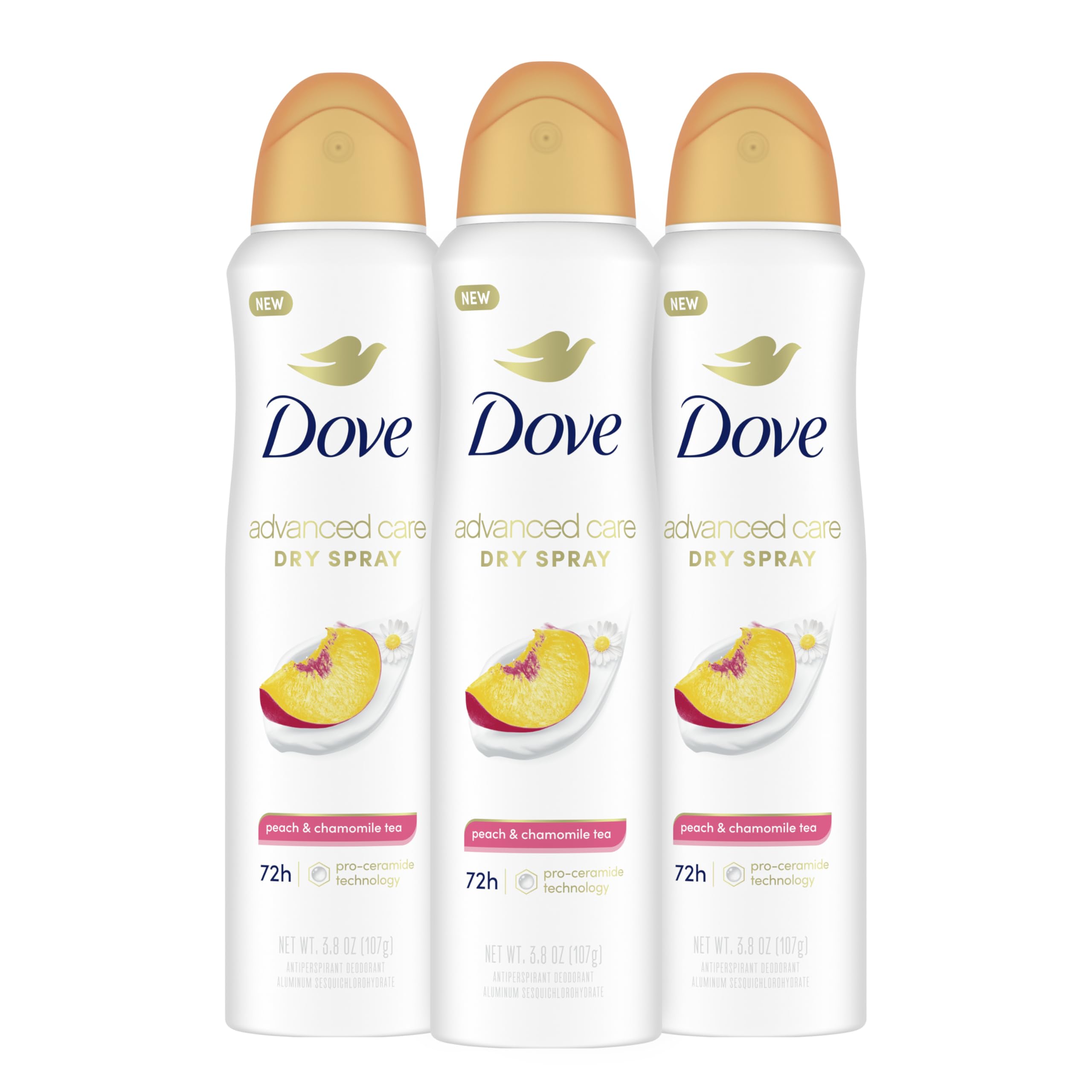 Advanced Care Antiperspirant Deodorant Dry Spray Peach & Chamomile Tea 3ct underarm care boosts skin's ceramide levels 72hour odor control &all-day sweat protection ProCeramide technology 3.8 oz