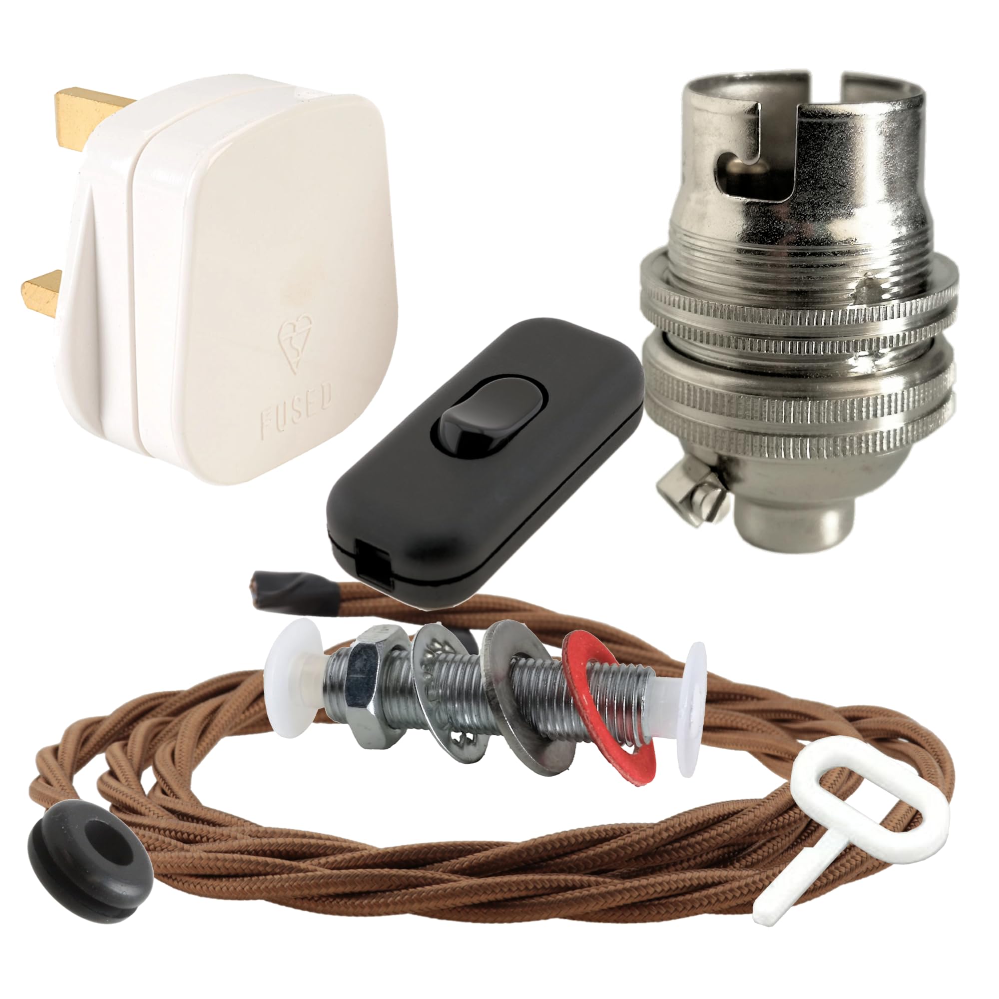 Art Deco Emporium Lamp Repair and Servicing Kit|White Plug|Bronze Flex|Black Switch|B22 Chrome Finish Lamp Holder