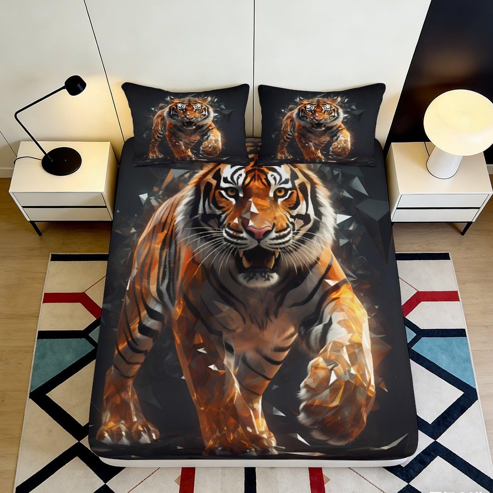3D Printed Tiger Pattern Fitted Sheet Microfiber Durable Soft 3D Printed Tiger Design Mattress Cover for Bedroom Dormitory Guest Room Protection 140x200x25cm