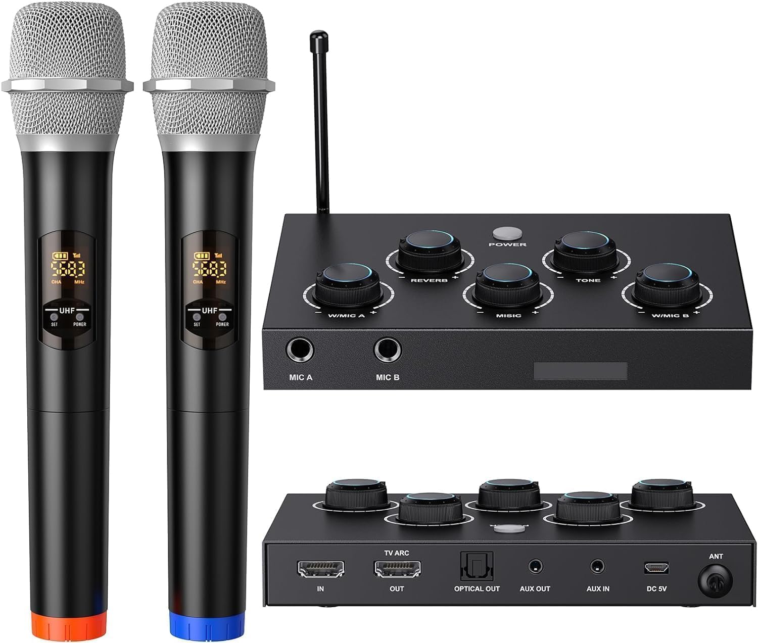 Photo 1 of Wireless Microphone System, Dual UHF Portable Karaoke Microphone, HDMI & AUX in/Out, Optical Out, Stable Signal, 100ft Range – Wireless Mic for Singing, Karaoke, Church, Smart TV, PC, PA Speaker