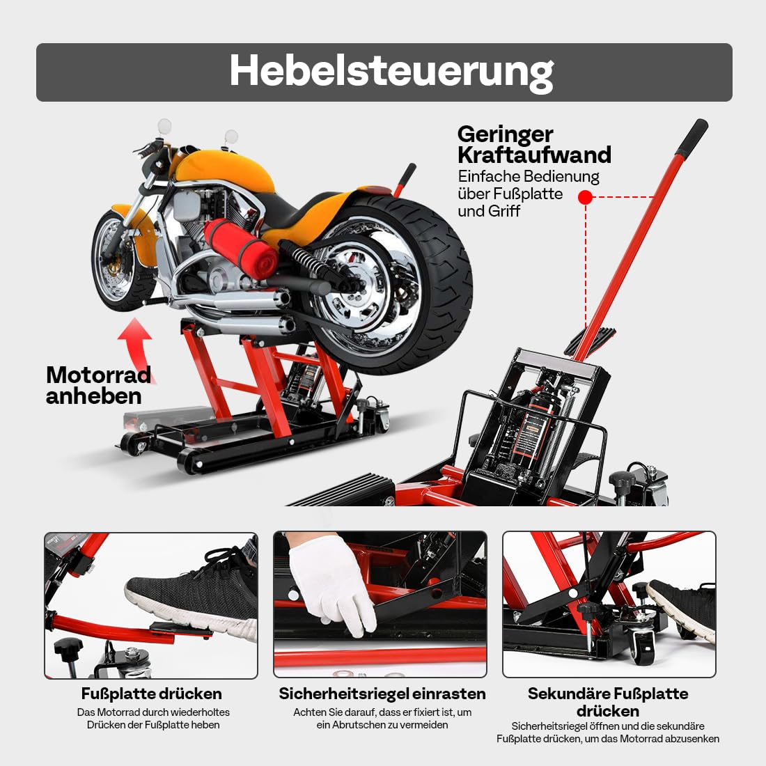 VIVOHOME Hydraulischer Motorradständer Aufzug 680 KG Kapazität Stahl ATV Aufzüge Stand Hoist mit Rädern und Griff, Dirt Bikes Rot