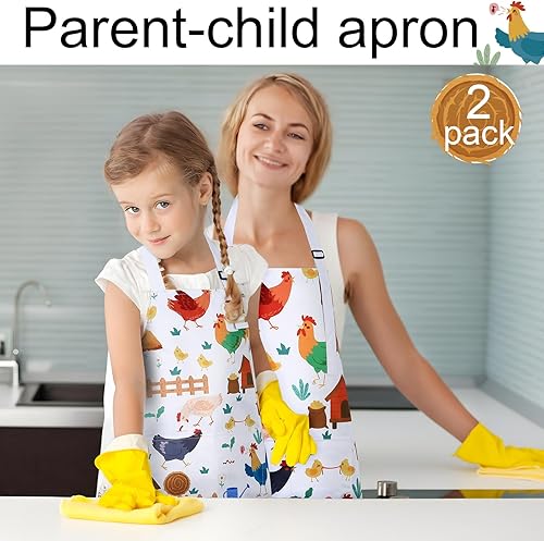Miniatura 6 de 2 delantales para padres e hijos, delantales para mamá y yo, delantal de cocina ajustable con 2 bolsillos, bonito delantal a juego