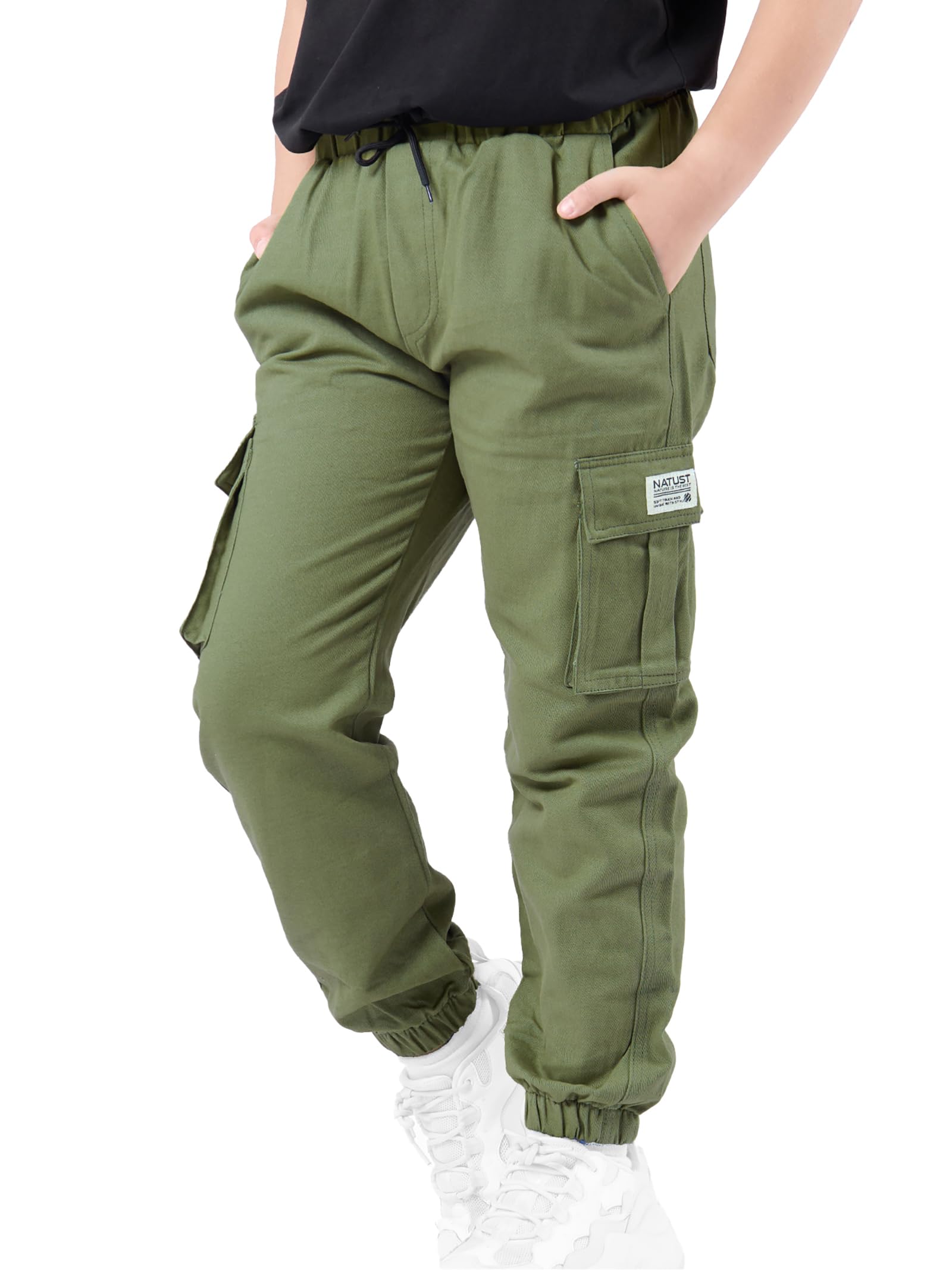 NATUST Boys Cargo Joggers Drawstring Jogging Pants Kids Elastic Waist Trousers 5-14 Years