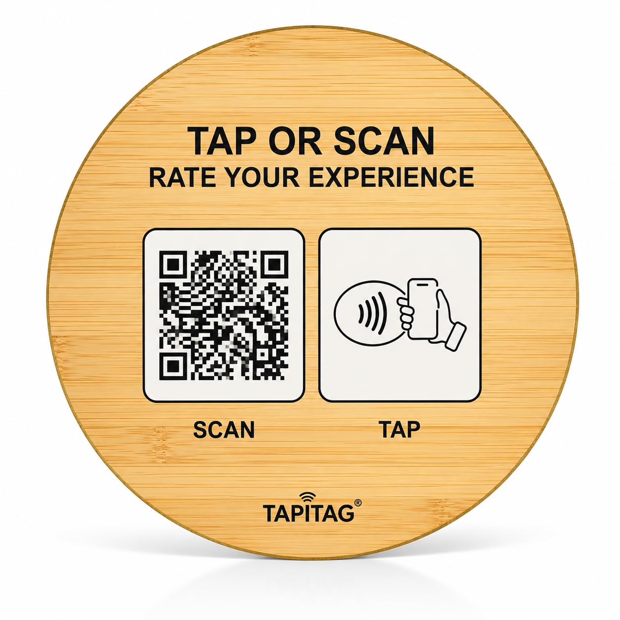 TAPiTAG Smart Business Hub – Tap or Scan to Access Your Business Info (Reviews, Menu, Socials, Bookings & More) – Contactless Display Sign with NFC, QR & Customisable Profile (Bamboo, Wood, 70mm)