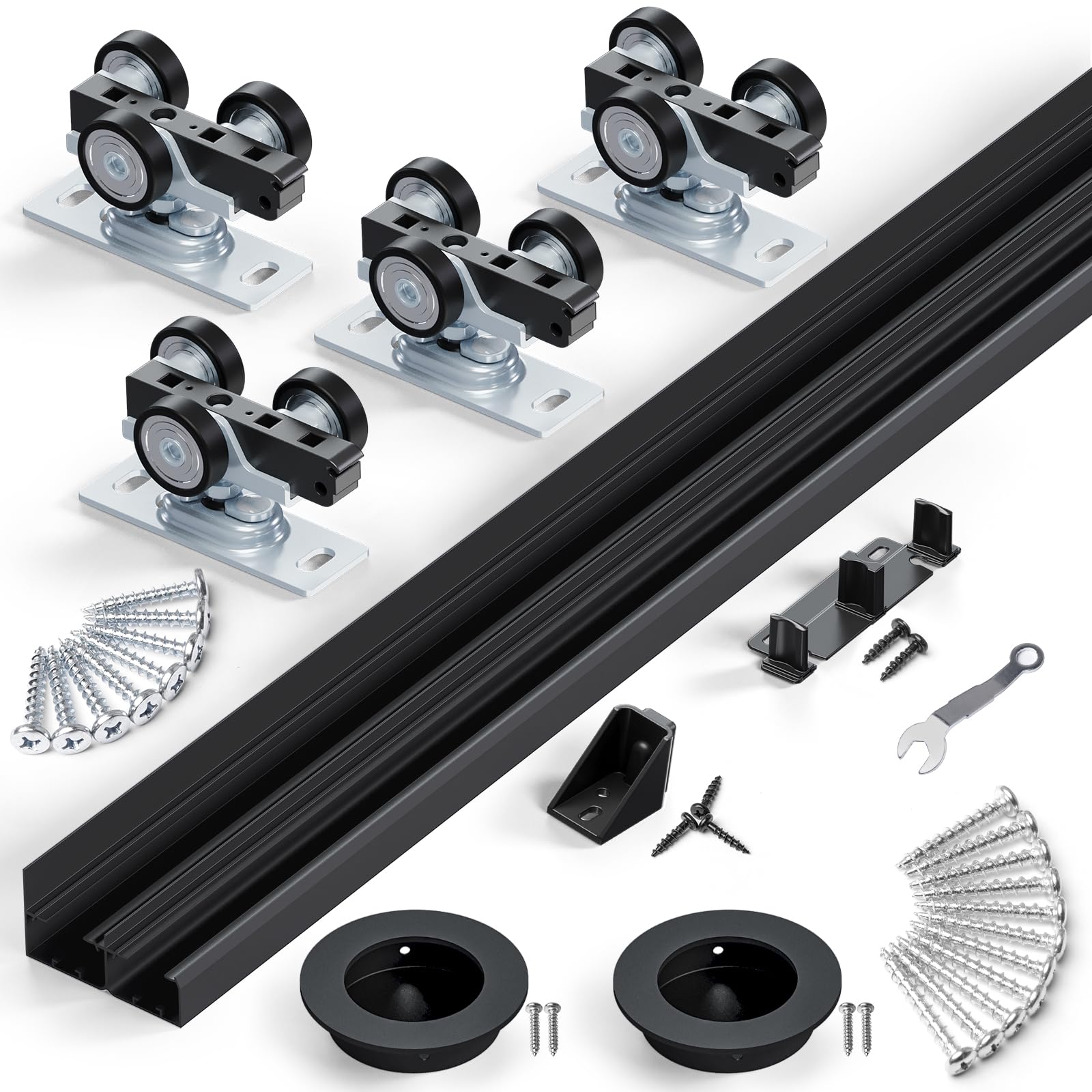 SMARTSTANDARD 96"/8FT Ceiling Mount Bypass Sliding Door Hardware Kit for Cabinet Closet, Double Pocket Doors Hardware with Finger Pull, Smoothly and Quietly, Fit 45.5" Wide Door Panel, No Door, Black