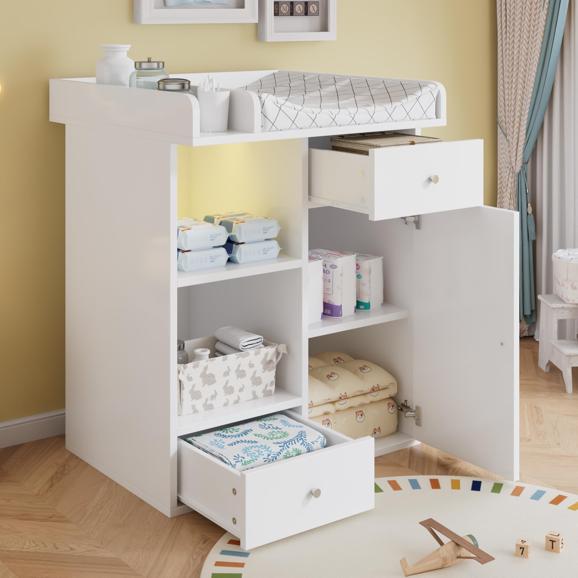Gecheer Wickelkommode, verstellbare LED (Farbe & Helligkeit), 2 Schubladen, offene Regale, abschließbare Tür, Wickelplatz mit erhöhten Trennwänden, für Babyzimmer