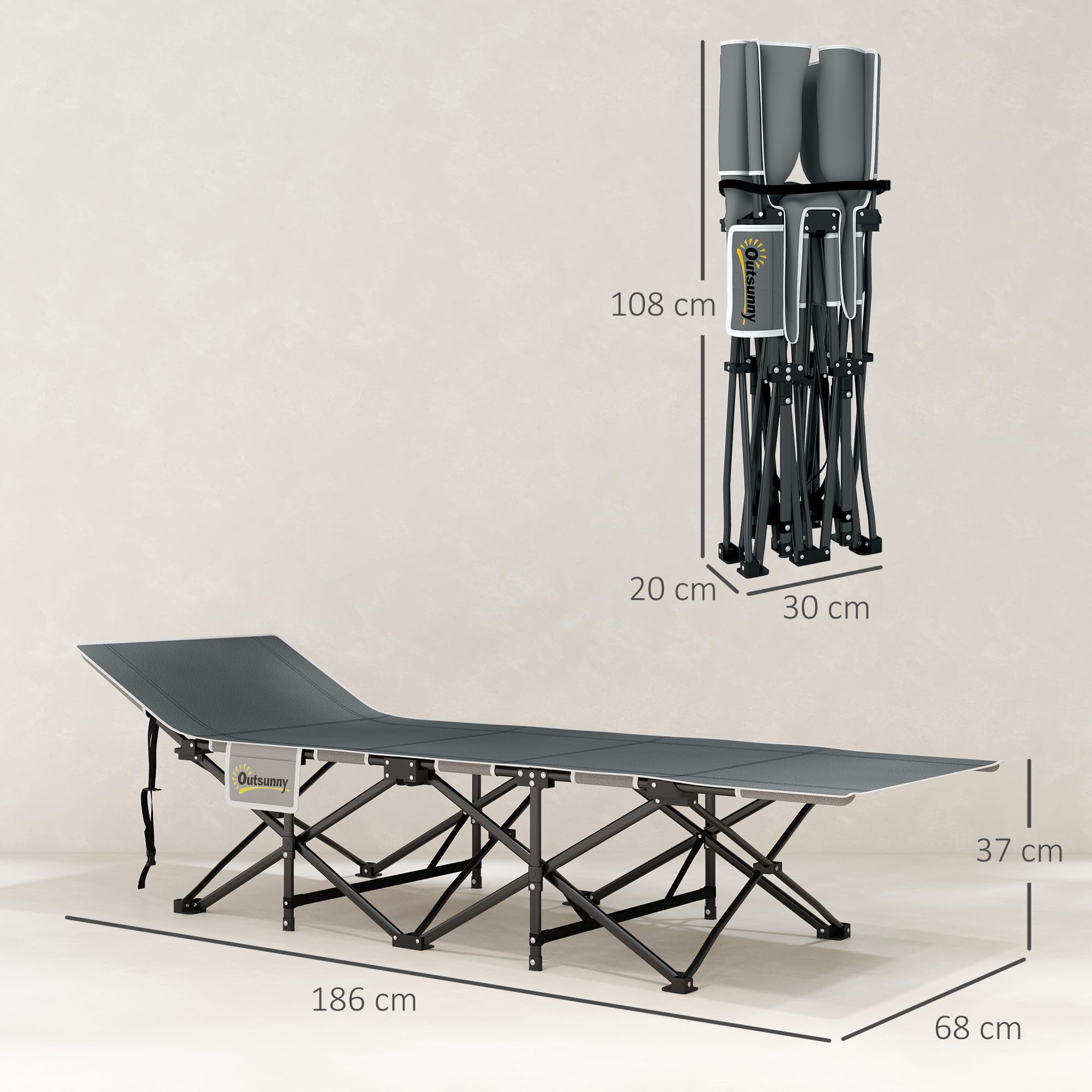 Outsunny Cama Plegable Camping Cama de Acampada Portátil Tumbona de Camping 600D con Reposacabezas Colchón Extraíble y Bolsa de Transporte Carga 150 kg para Playa Senderismo 186x68x37 cm