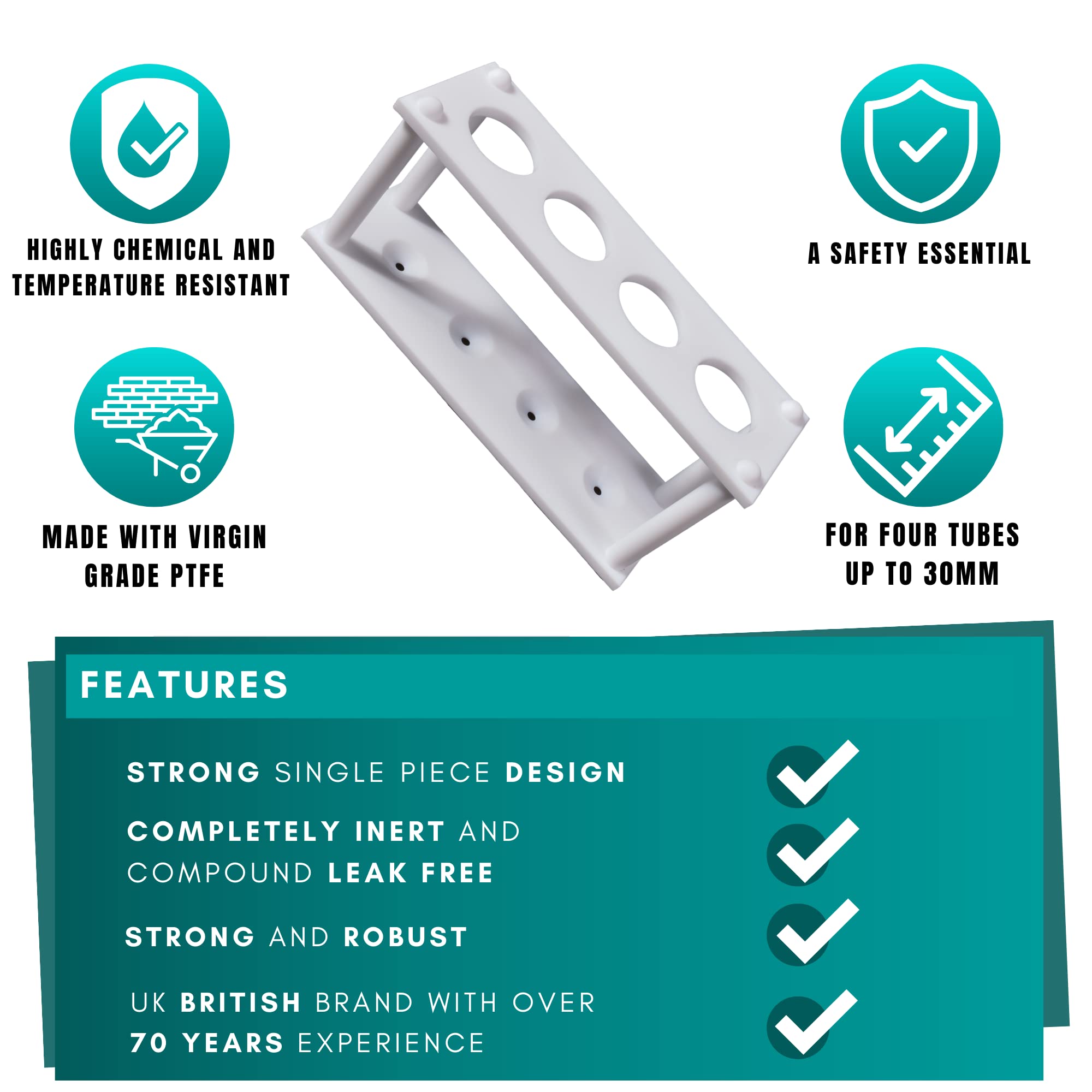 Labsales,Estante de PTFE sólido para tubos de centrífuga y tubos de ensayo, varios tamaños y tamaños de tubo disponibles, paquete de 1 (4 tubos – 30 mm de diámetro)