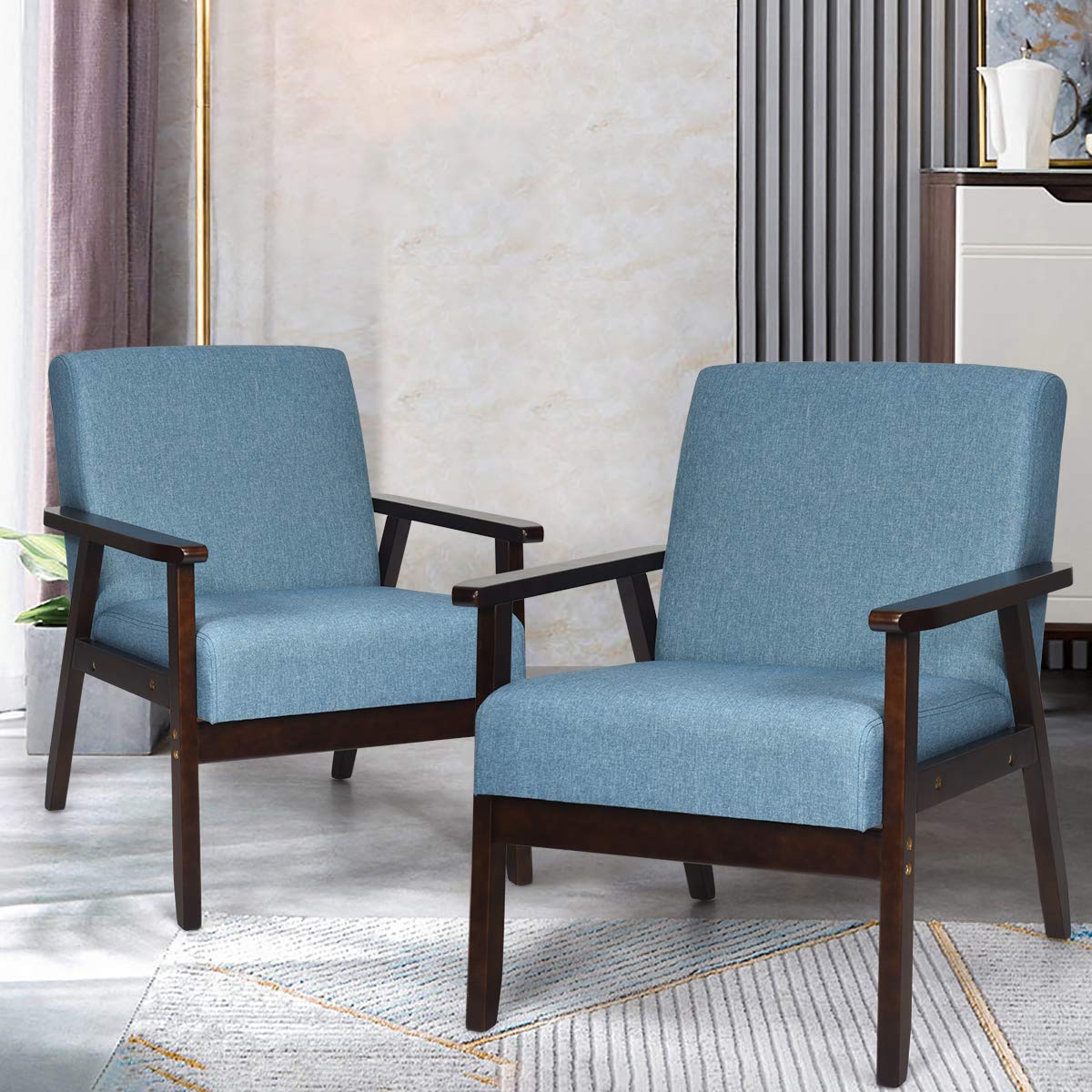 Giantex Set of 2 Mid-Century Modern Accent Chair, Retro Fabric Armchair w/Tufted Back, Solid Hardwood Made, Upholstered Linen Lounge Arm Chair for Living Room (Blue)