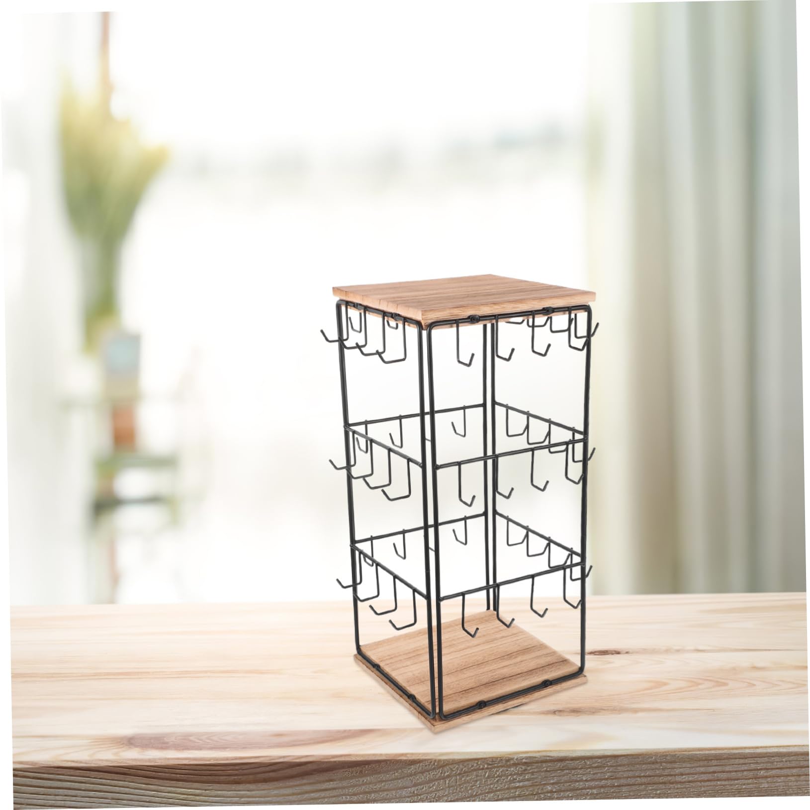 Espositore Organizzatore Multifunzionale Design Rotante a 360° in Legno Marrone per Orecchini per Gioielli e Anelli per Decorazione Casa e Vanity