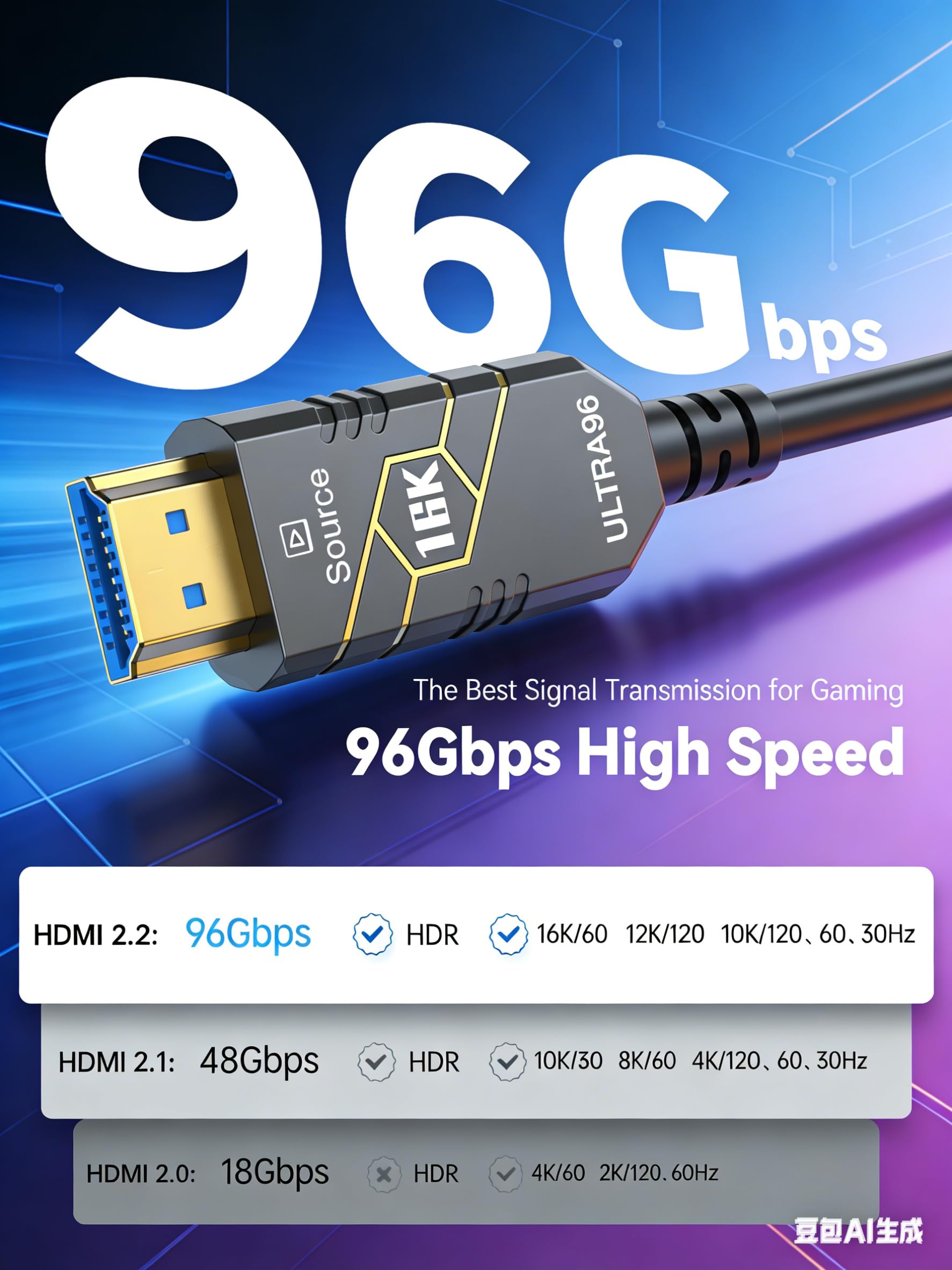 Cable de fibra óptica HDMI2.2 de 2 m, 16 K, 96 Gbps de ultra alta velocidad, 4K240Hz 4K144Hz 8K120Hz 16K60Hz, HDCP 2.2 y 2.3, HDR dinámico, eARC, DTS, largo delgado y flexible para