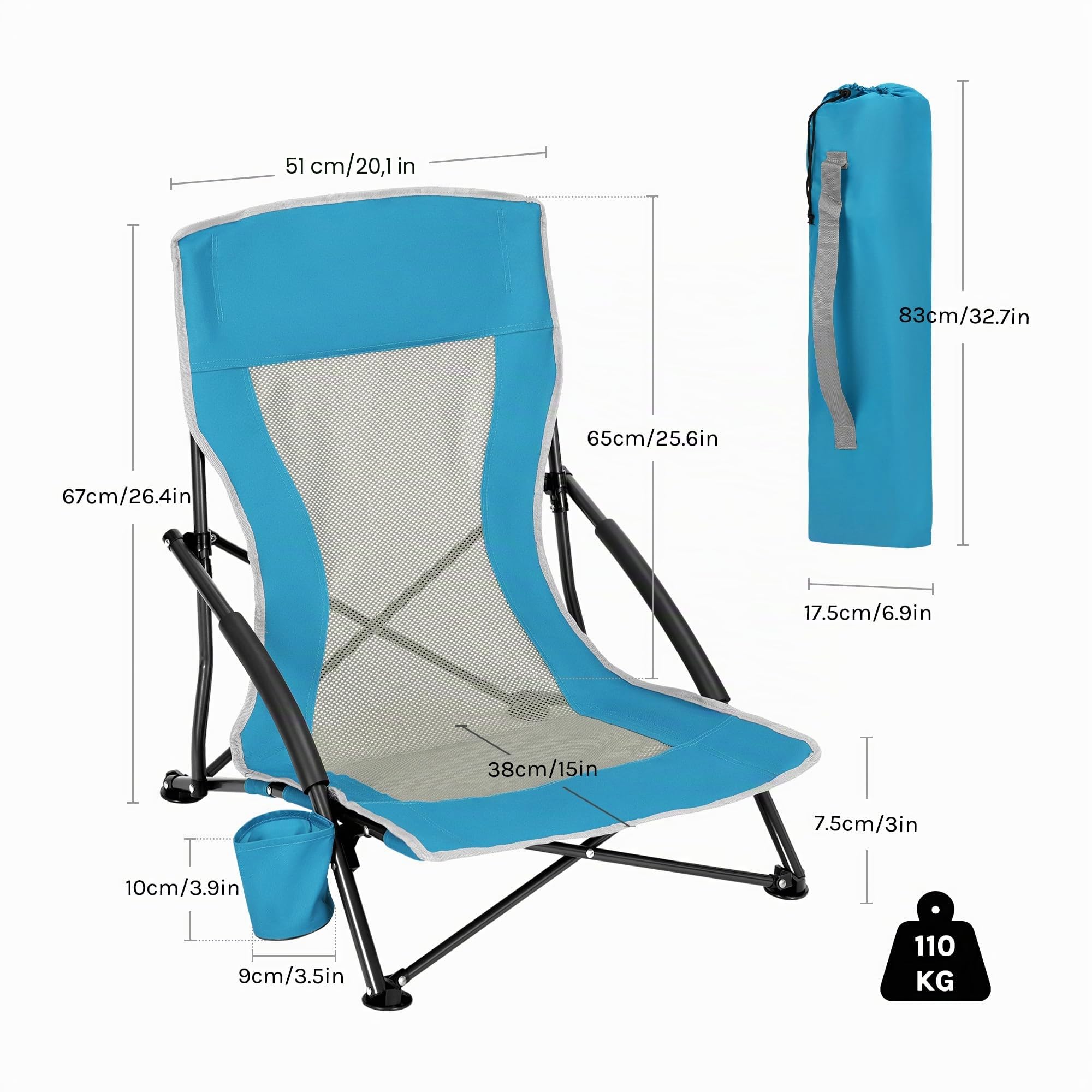WOLTU Chaise de Plage Pliable, Lot de 2 Chaise Pliante Camping, Transat de Plage, Chaise de Pêche Portable, Fauteuil Pliant, avec Dossier en Maille, Porte-gobelet, Sac de Transport, Bleu
