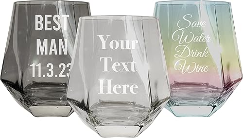 Vaso de vino personalizable sin tallo grabado de 10 onzas con forma de diamante grabado personalizado con mensaje cristal de whisky con rocas