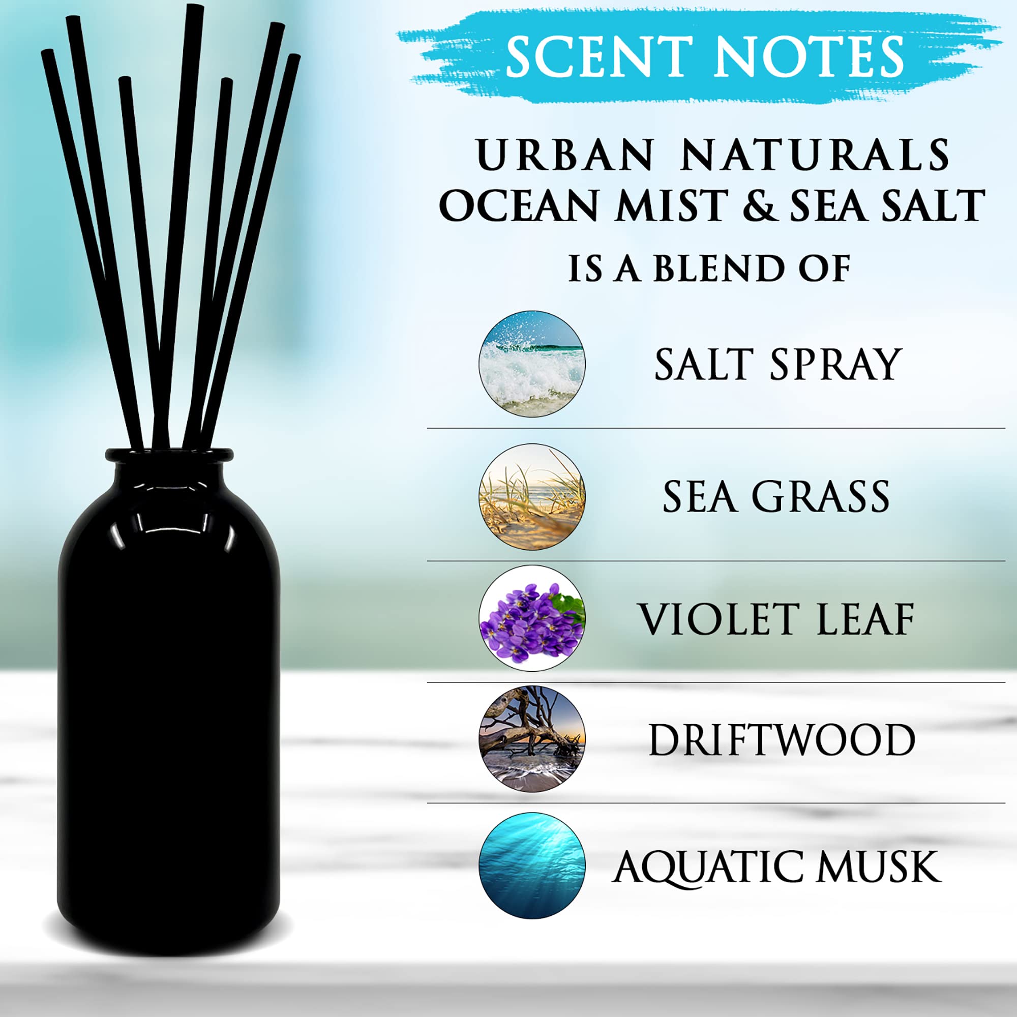 Urban Naturals Juego de difusor de varillas de niebla oceánica y sal marina | Hecho con aceites esenciales y botánicos reales | Ambientador decorativo para habitaciones grandes | Hermosa decoración