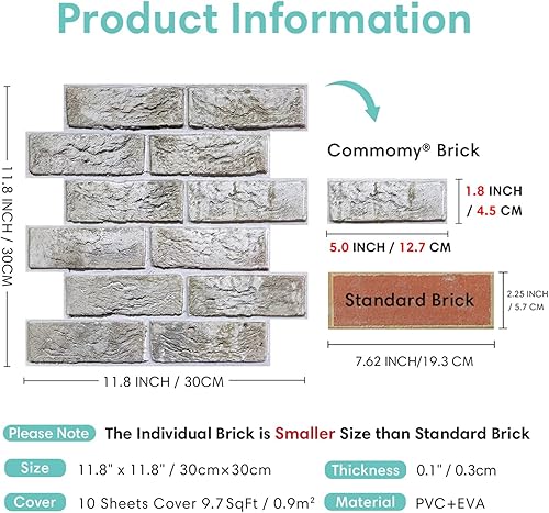 Miniatura 4 de Commomy Paneles de pared de ladrillo sintético 3D para despegar y pegar, 10 piezas de 11.8 x 11.8 pulgadas, papel tapiz de ladrillo rojo imprimible