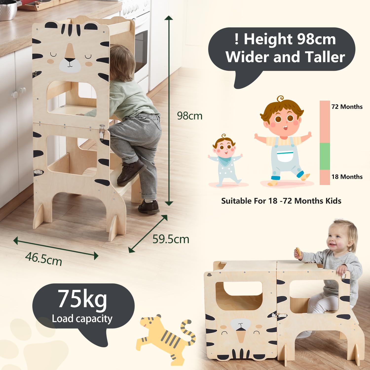 labebe lernturm für Kinder, klappbar Montessori Learning Tower, 3 in 1 lernstuhl Kinder mit Message Boards ab 1 Jahr-Tiger