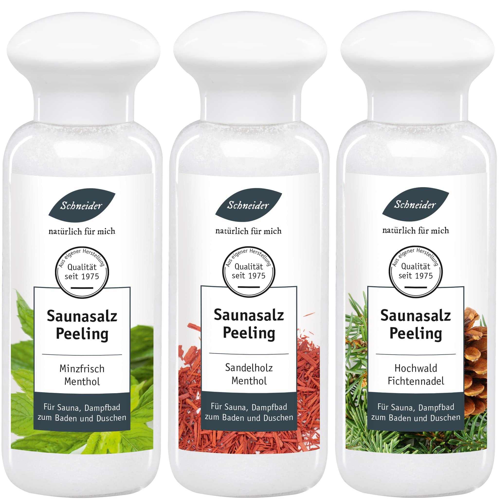 Saunabedarf Schneider - Saunasalz Peeling Set - 3 x 300 g Inhalt - Vorratspack, wohltuender Mix für Sauna und Dusche