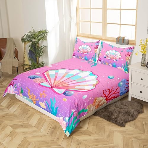 Miniatura 2 de Juego de ropa de cama de concha de perla, funda de edredón de medusa de estrella de mar para niñas, mujeres y niños, funda de edredón colorida de