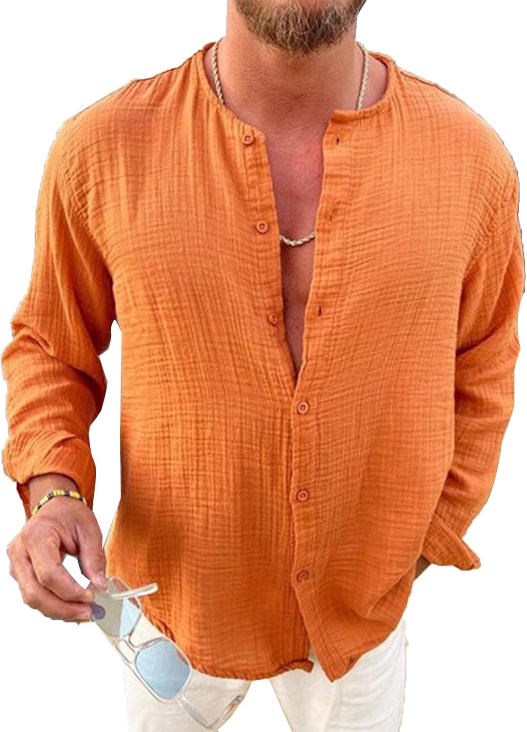 SOMTHRON Men's Linen Button Down Shirt Long Sleeve Casual Collarless Lightweight Beach Summer Tee Tops