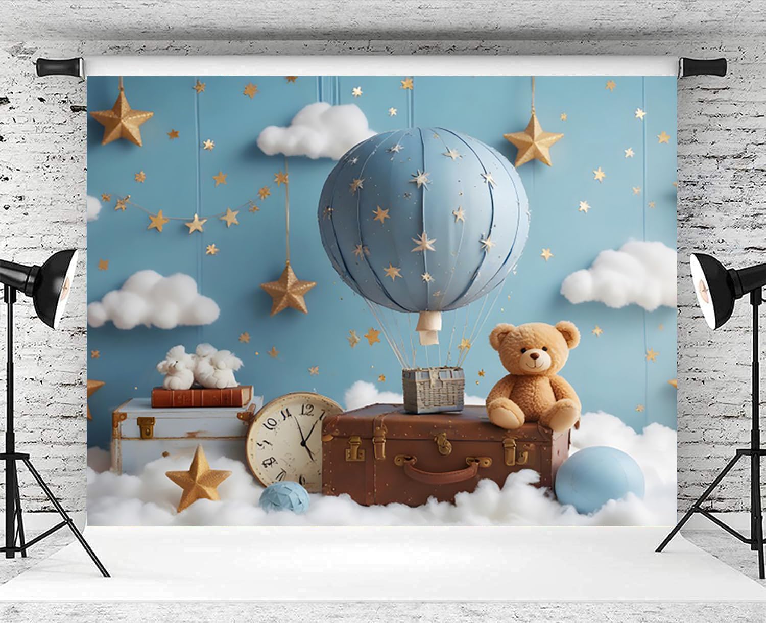 Fondo para Primer Cumpleaños 2.2x1.5m, Oso Azul con Globo Aerostático - Fotografía para Niño de 1 Año Baby Shower Fiesta Decor Banner Accesorios de Estudio