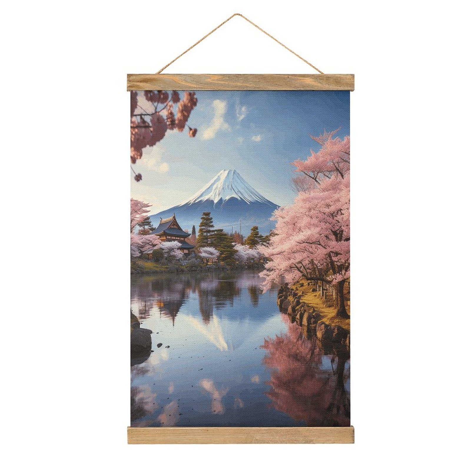 VstaDank Mount Fuji Cherry Blossom Trees Poster with Wooden Frame Hanger Art Painting Wall Decor Poster Wall Hanging Wooden Frame 13x20 Wood Poster Hanger for Photo Picture Art Canvas Print Artwork