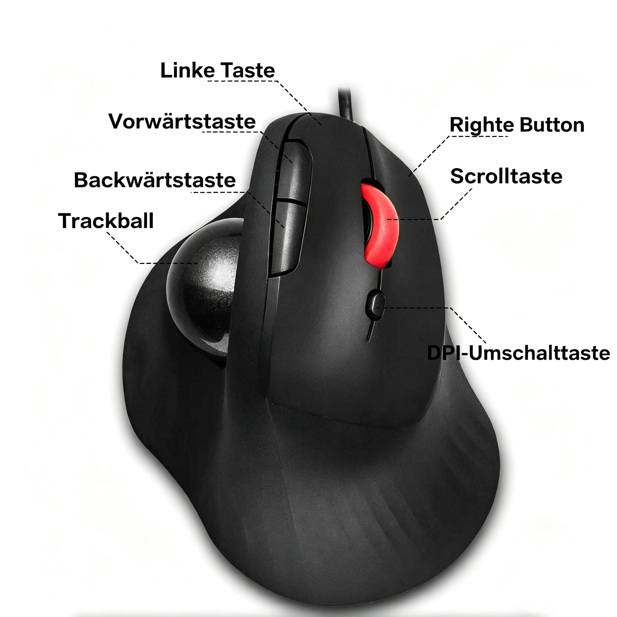 JOMAA Souris trackball filaire - Design ergonomique avec 6 boutons et commutateur CPI (400/800/1200/1600 CPI) - Affichage LED rouge - Taux de requête 250 Hz - Pour PC, ordinateur portable, ordinateur