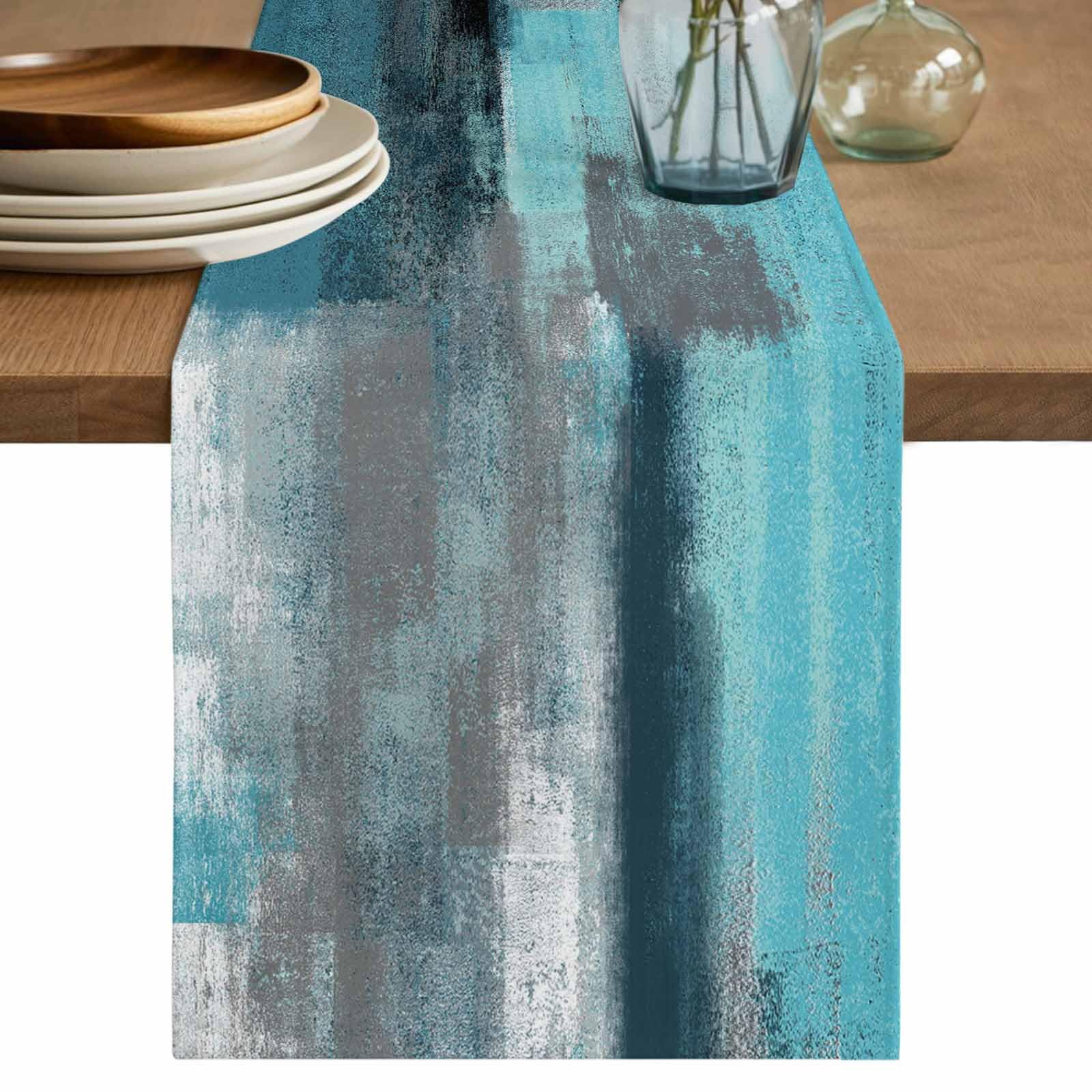Turquoise and Grey Dining Table Runners 108 inches Long,Abstract Art Teal Coffee Table Runner Dresser Scarves, Washable Non-Slip Rectangle Table Setting Decor for Farmhouse Party Holiday Dinner