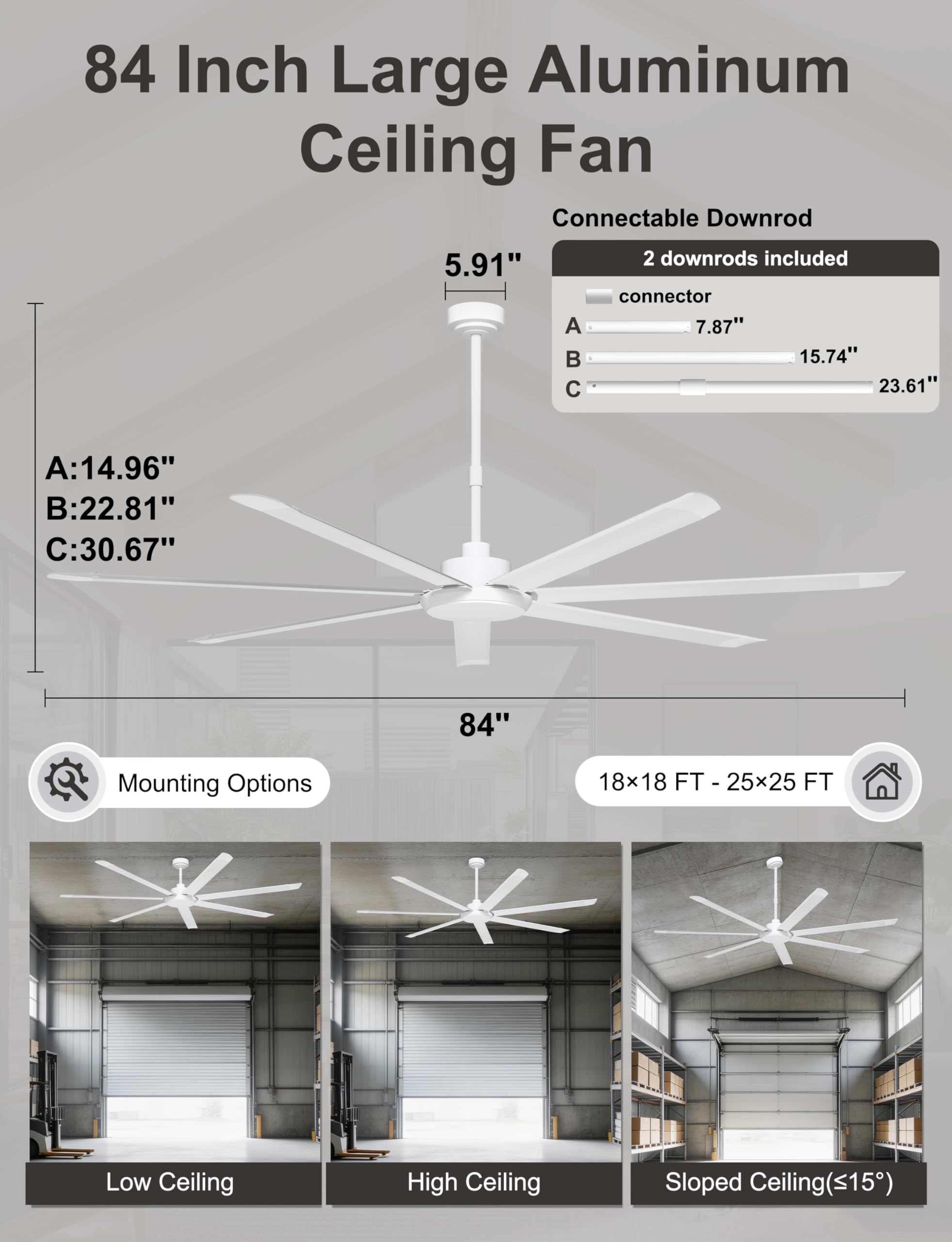 Ohniyou Ventilador de Techo de 213 cm con Luz - Ventiladores de Techo Industrial Grande con Control Remoto/APP, 7 Aspas de Aluminio, Motor DC Silencioso para Interior Exterior Terraza Garaje, Blanco - 5